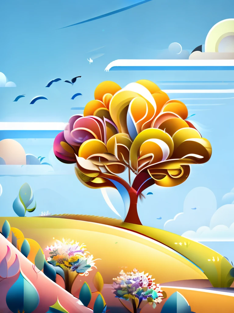 A tree in a summer landscape,rzminjourney,vectorial art