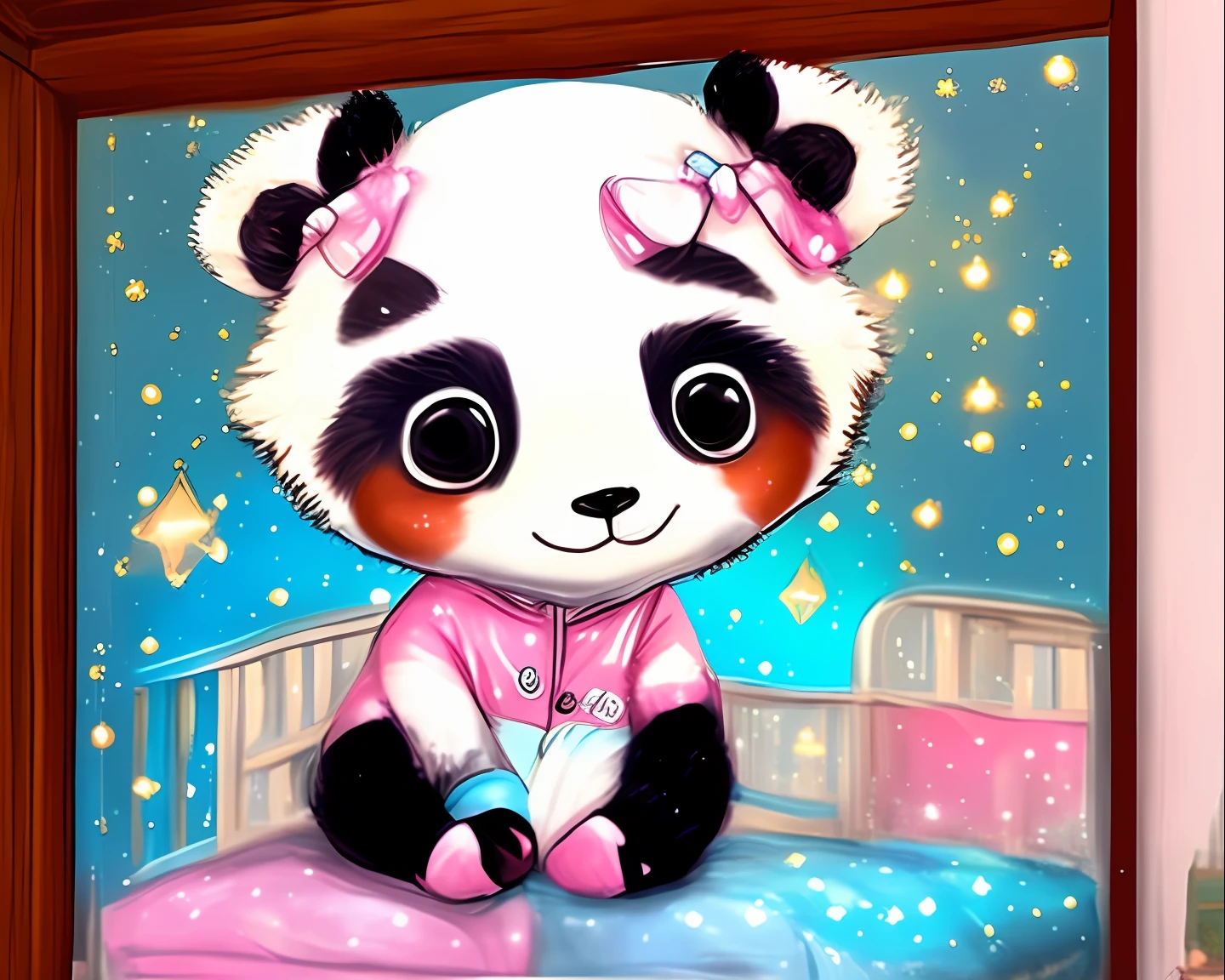 Ursinha panda, wearing pajamas lying in a crib, Quarta Rosa, mobilhado, janela aberta, mostrando a lua e as estrelas, Estilo Chibi