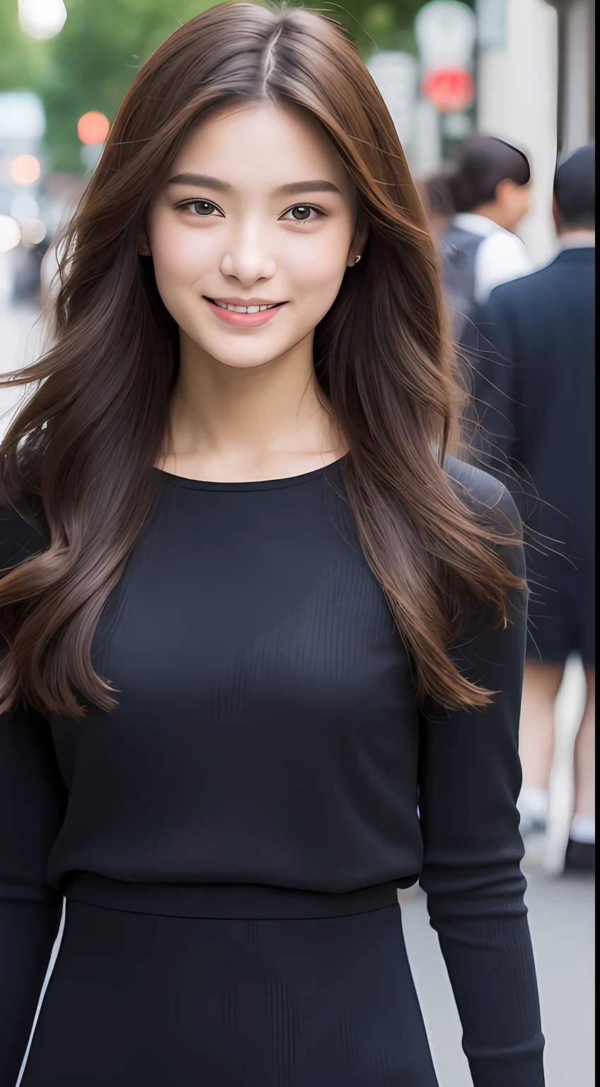 （（best qualtiy，8K，tmasterpiece：1.3））， 1girll， ssmile， （Full body photo）， Slim Faces， Beautiful woman， （dark brown  hair）， full length dress ：1.1， Super detailed face， Detailed eyes， 二重まぶた， blur backgroun， Slim Faces， 城市， do lado de fora， the street，