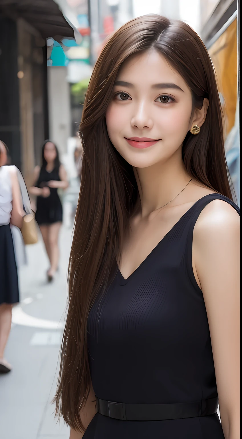 （（best qualtiy，8K，tmasterpiece：1.3））， 1girll， ssmile， （Full body photo）， Slim Faces， Beautiful woman， （dark brown  hair）， full length dress ：1.1， Super detailed face， Detailed eyes， 二重まぶた， blur backgroun， Slim Faces， 城市， do lado de fora， the street，