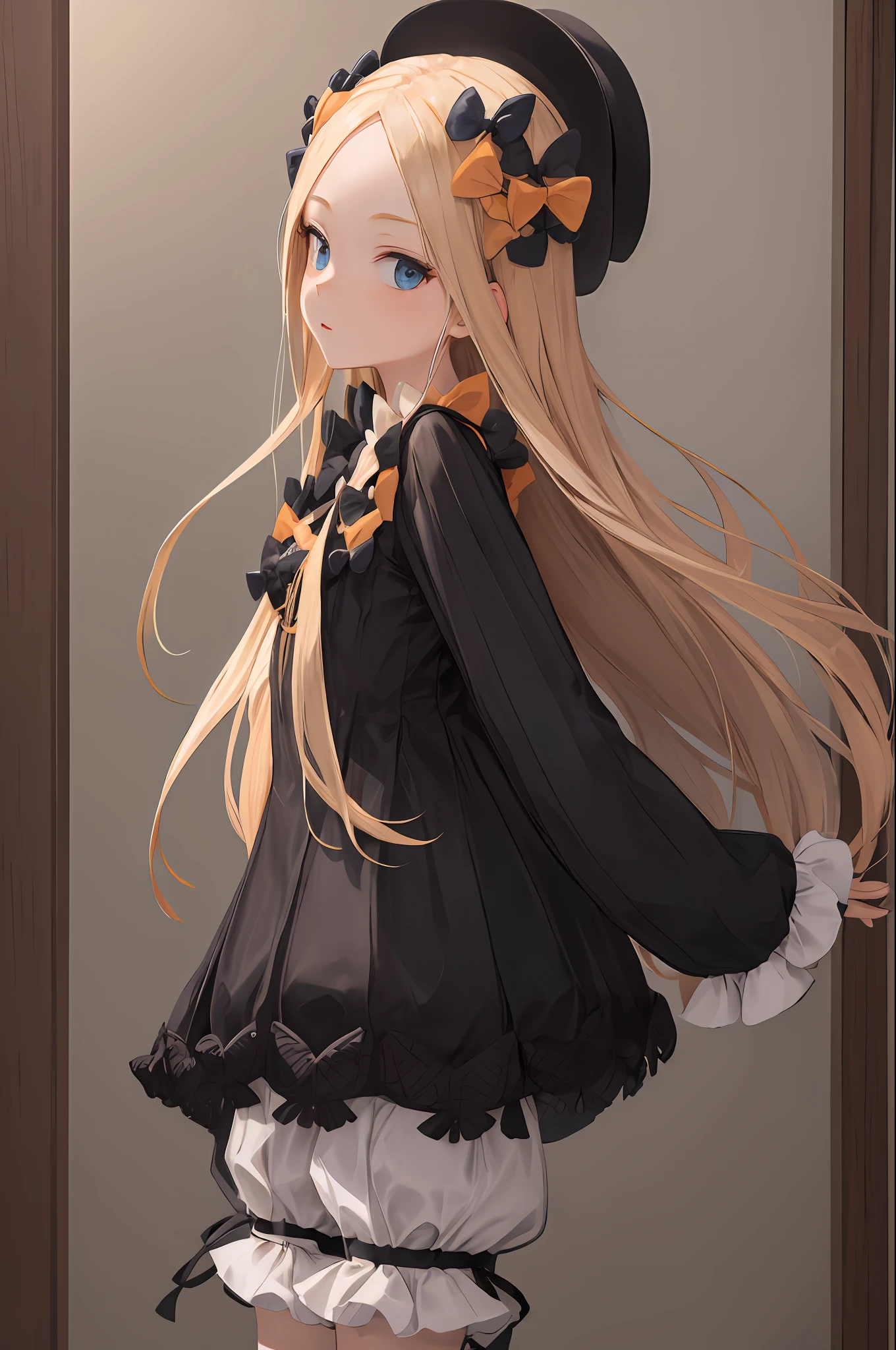 masterpiece, best quality, highres, hmaw1, long hair, hat, black dress, long sleeve, black sleeves, white bloomers