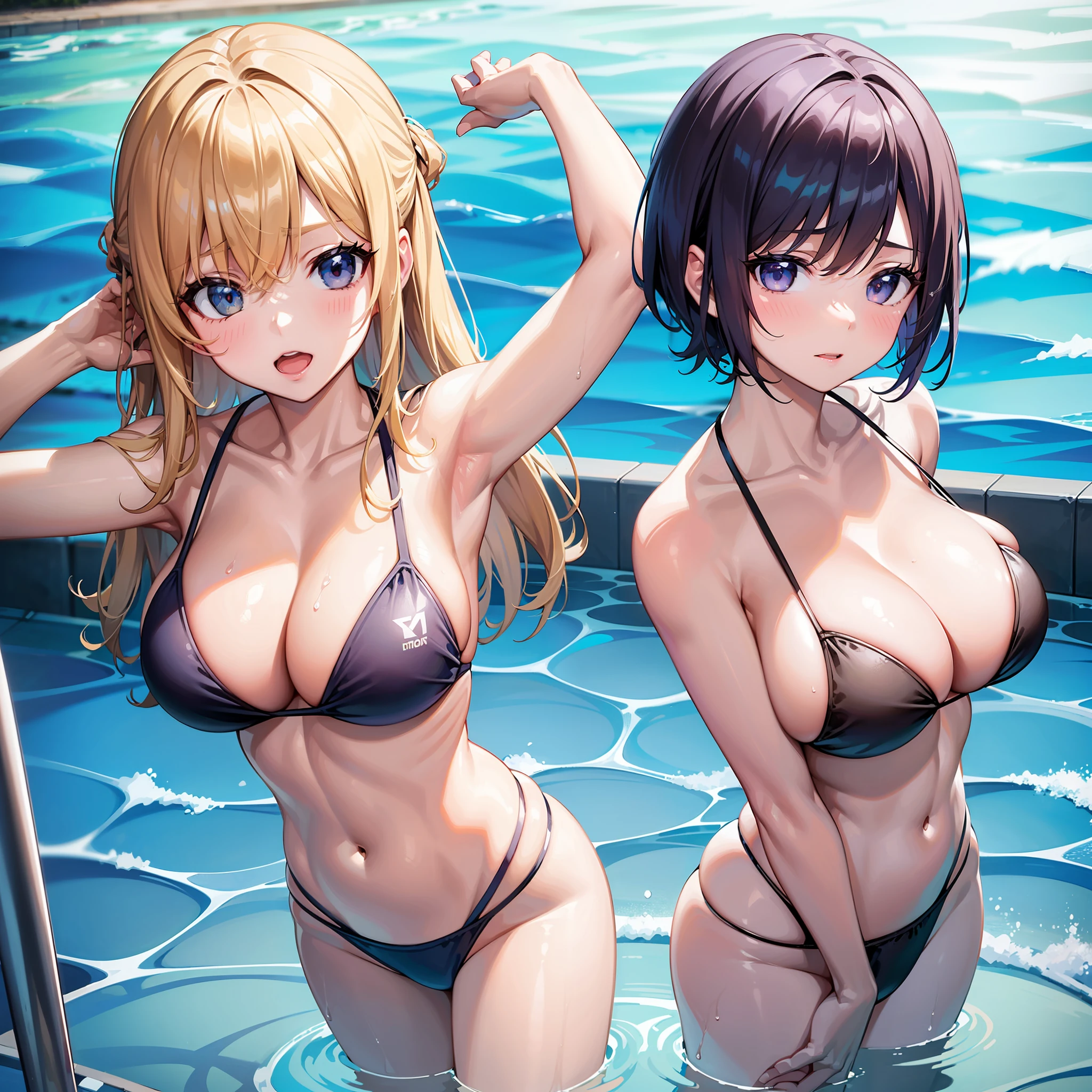 2girls，Childlike big breasts，（nedium breasts:heads=2:1）Bikini swimsuit，Swim in the pool，bit girl，Lori huge breasts cleavage