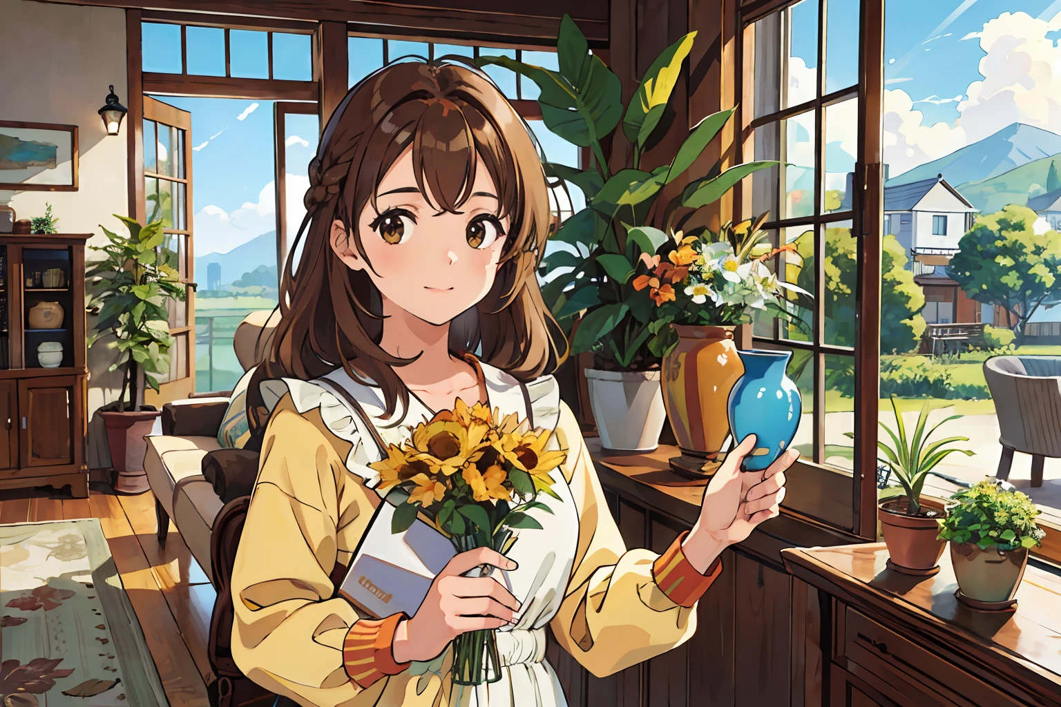 (Best quality, Masterpiece),Sunny，Broad lens，Sunny，(Brown hair long)，Lively cute girl with long brown hair，Little Keck parrot，floral arrangements，vases，Plants in pots，Sunlight，Bright living room，rural style，