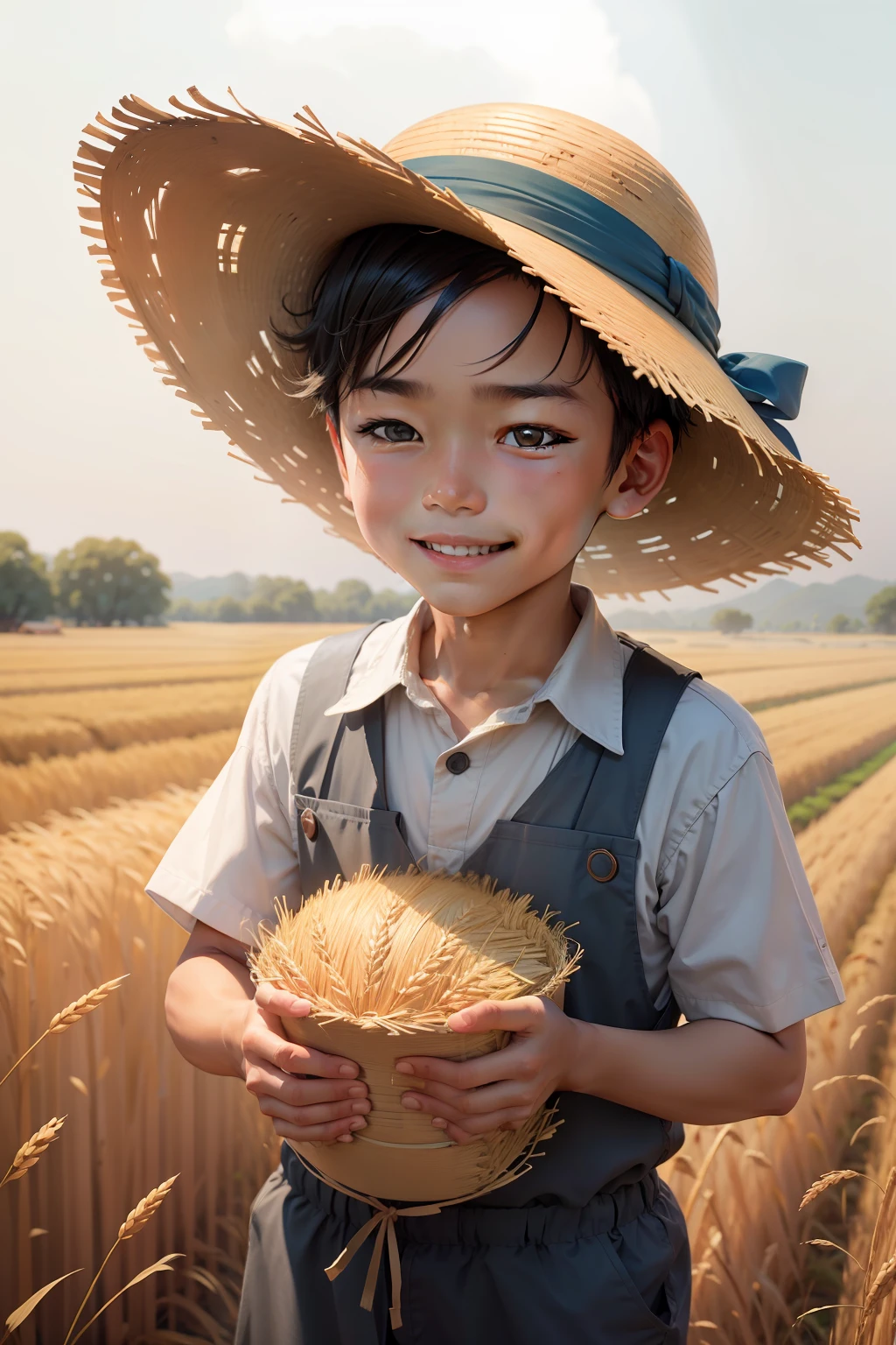 Boy cutting wheat in a rice field,Full of smiles,Wear a straw hat。