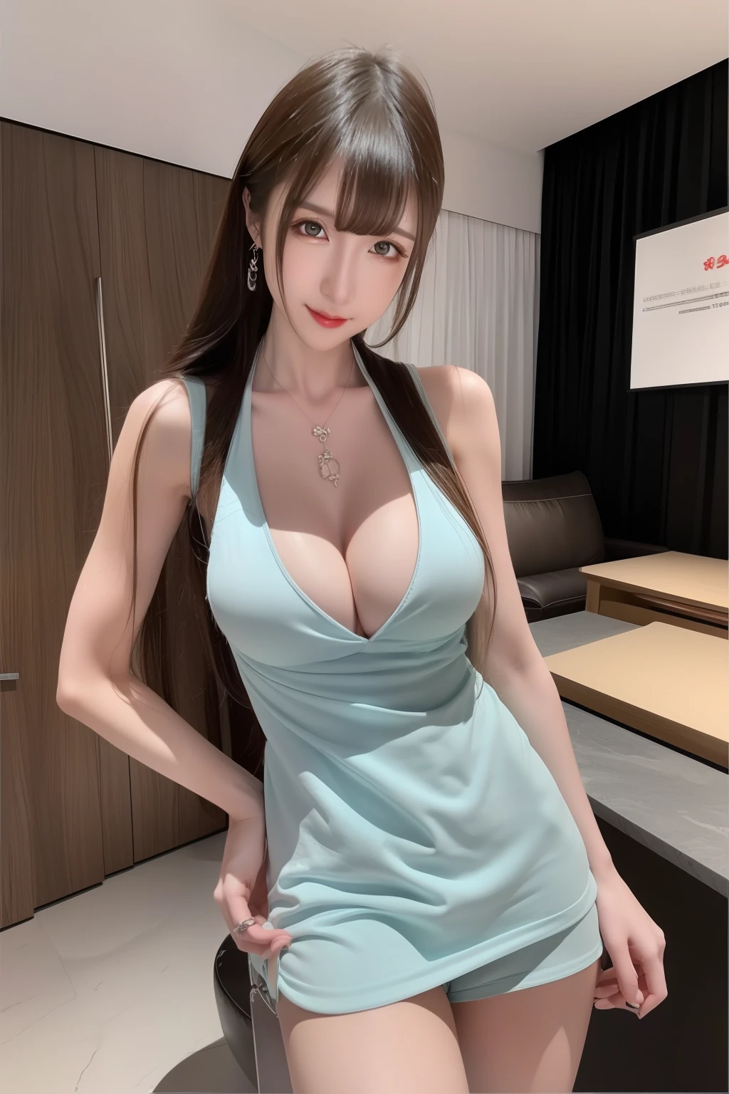 （8K， RAW photos， best qualtiy， tmasterpiece：1.2）， （realisticlying， photograph realistic：1.37），maidennurse，1girll，profesional lighting， photon maping， Radio City， physically-based renderingt，aprons，amazing body，pronounced feminine features，plumw，kitchens，long whitr hair，flirt，huge tit，vacuum，Nude apron，Super fine face and eyes，Naughty face，full bodyesbian，Full body like，long leges