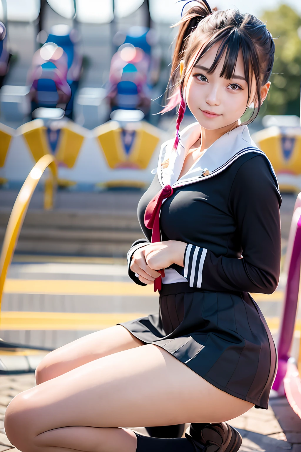 Photorealsitic, hight resolution, 1 rapariga, Korea person, Heterochromia eyes, small moles under eyes,Half blonde and half black hair、(top-quality、in 8K、32K、masterpiece、nffsw、ighly detailed、Impresionismo:1.2)、Full body, (amusement park:1.4)、realistic shadow、beauitful face、blurry backround、shinny skin, Beautiful black and pink hair、Blunt bangs、 braided ponytails、Brown eyes、a sailor suit、pleatedskirt、Black socks、Black shoes、A smile、Striped panties、thighs thighs thighs thighs、from the front side、Opening legs、