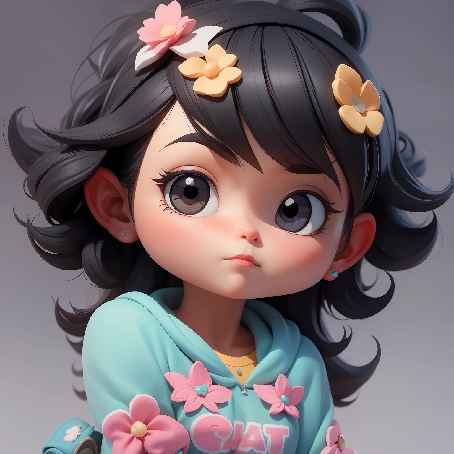 uma garota super bonito, corpo inteiro, Cute Dreamy Black Hair AccessoriesPopmart Blind Box, IP de design, clean background and bright 3D rendering, OC rendering, 8k, Foco suave, fino Glossysuper detalhe --ar 3:6 50 --q 2 --niji 5 --estilo expressivo --s 2