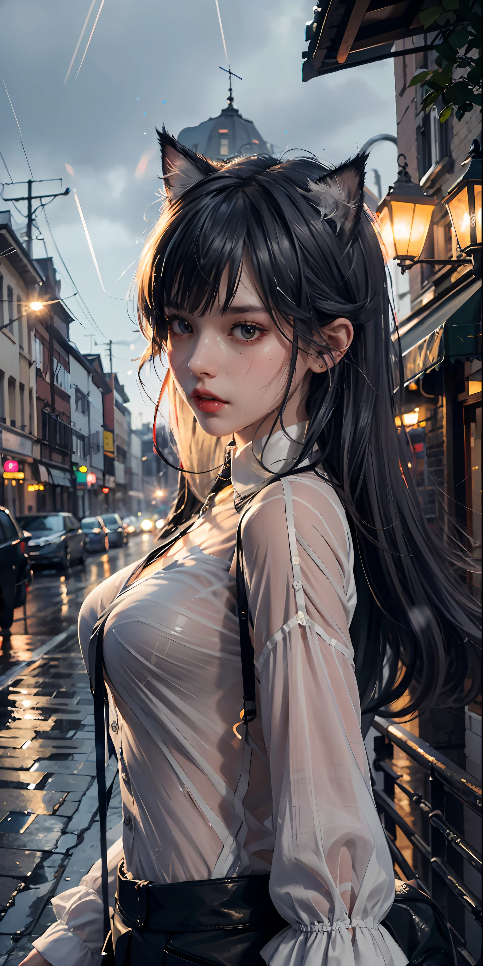 (8k, RAW photo, high sensitivity, best quality, masterpiece, ultra high resolution, fidelity: 1.25), upper body, cat ears, (night), rain, walk, city lights, delicate face, wet white shirt