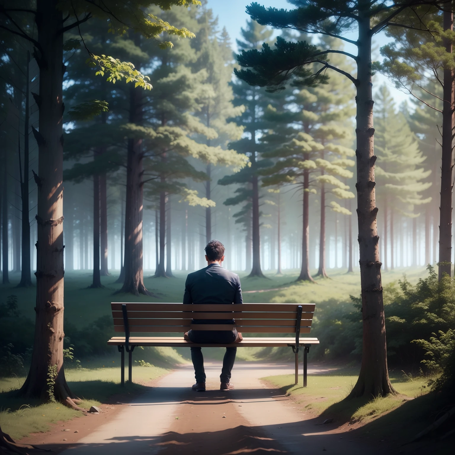 There is a man sitting on a bench in the middle of a forest, sentado sozinho, he is all alone, sentado no banco, sentado em um banco, Sente-se em um banco, homem sentado de frente para longe, sentado em um banco de parque, Sunniness, lonely and sad, homem triste, lone, alone dramatic, solitary atmosphere, ele sozinho