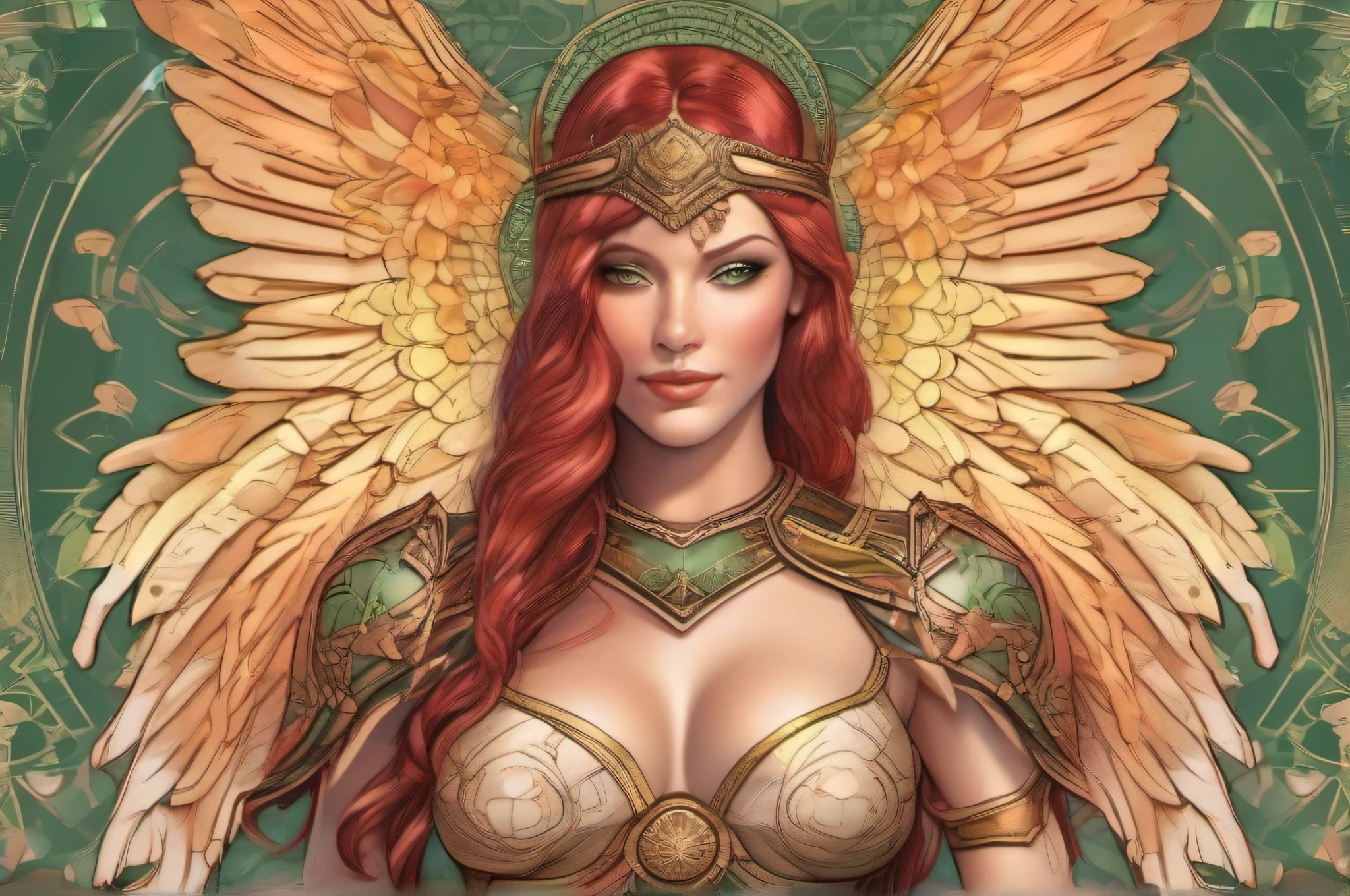 (((fullbody))) Hand-drawn illustration of a handsome angel woman nudity with red hair, green eyes, symmetrical angelic wings, leather armor, halo, illustration, watercolor sketch, (best quality)), detailed intricate, Pakistani, belly out, thick lips with red lipstick, lightly made up and rosy cheeks, female, thin waist, wide hip, thick legs, defined and delicate body, detailed skin, golden tribal tattoo, big breasts, smiling