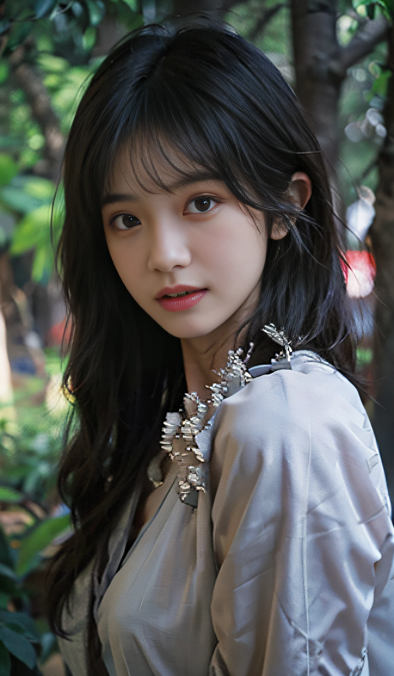 best quality, high resolution, extremely detailed photography, (photorealistic), upper body shot, professional lighting, ((a girl, solo)), beautiful detailed face and eyes, Euphoria, Wearing Maxi dress, in Enchanted forest