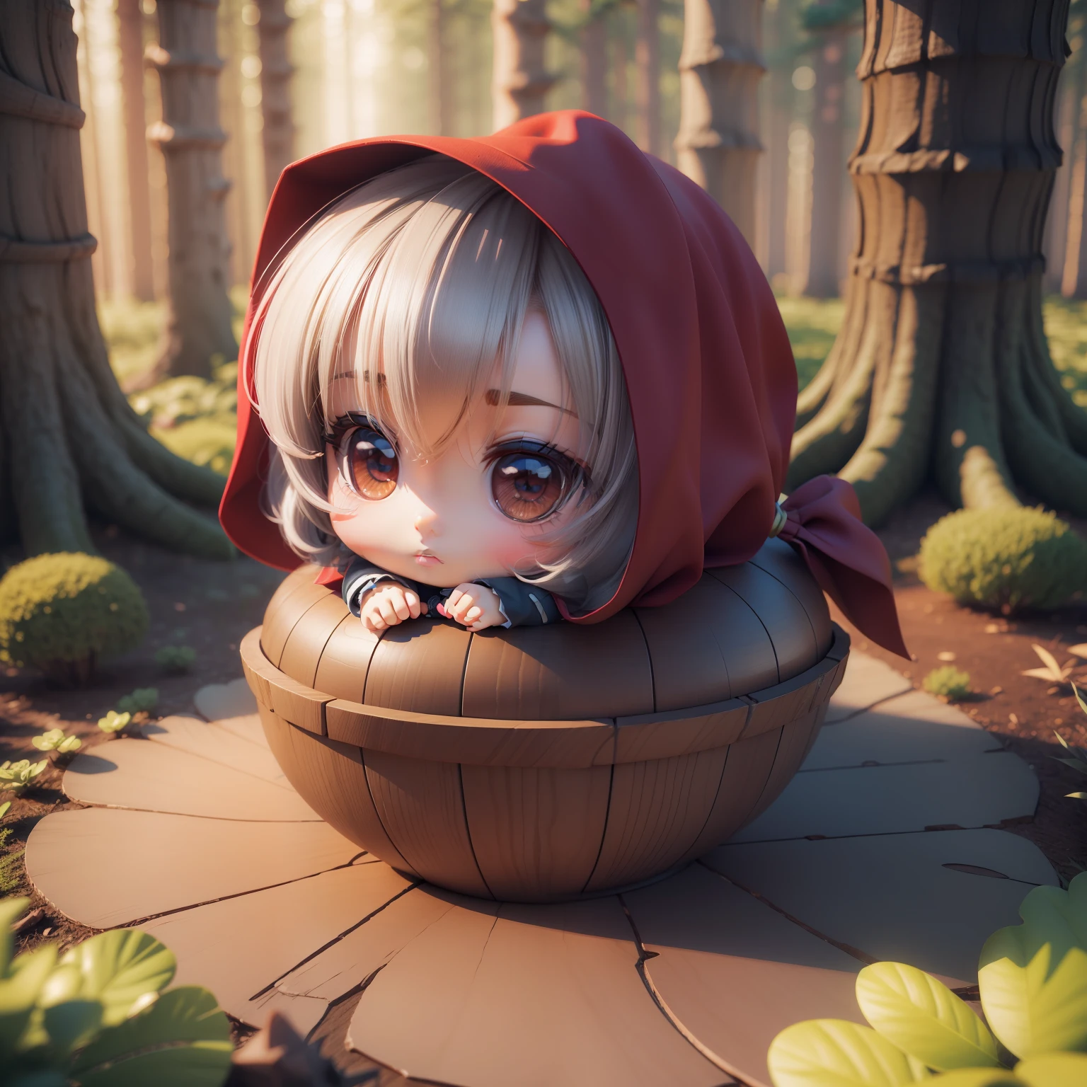 (((chibi 3d)))With cute and beautiful little Little Red Riding Hood、In a deep forest with a small gray wolf