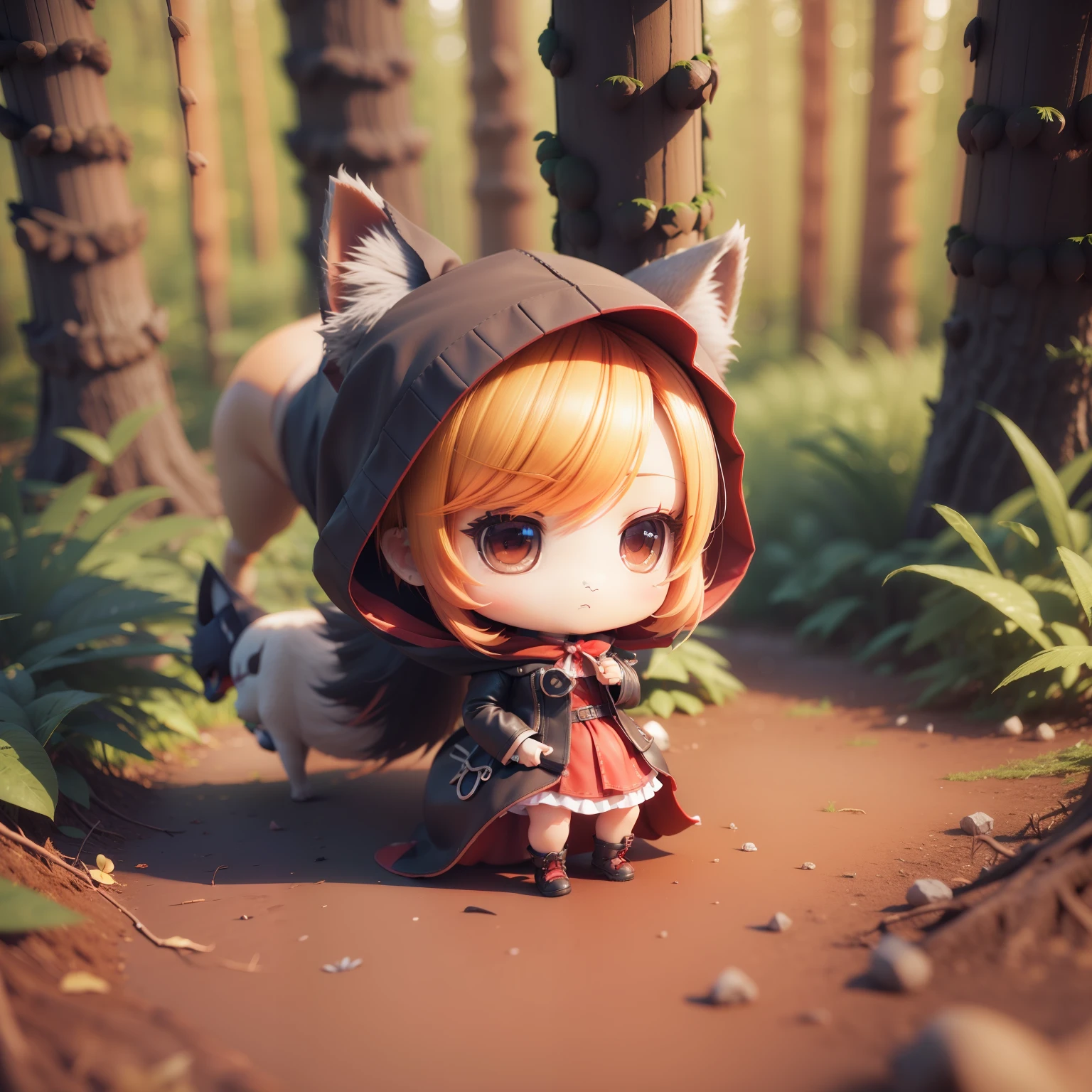 (((chibi 3d)))With cute and beautiful little Little Red Riding Hood、In a deep forest with a small gray wolf