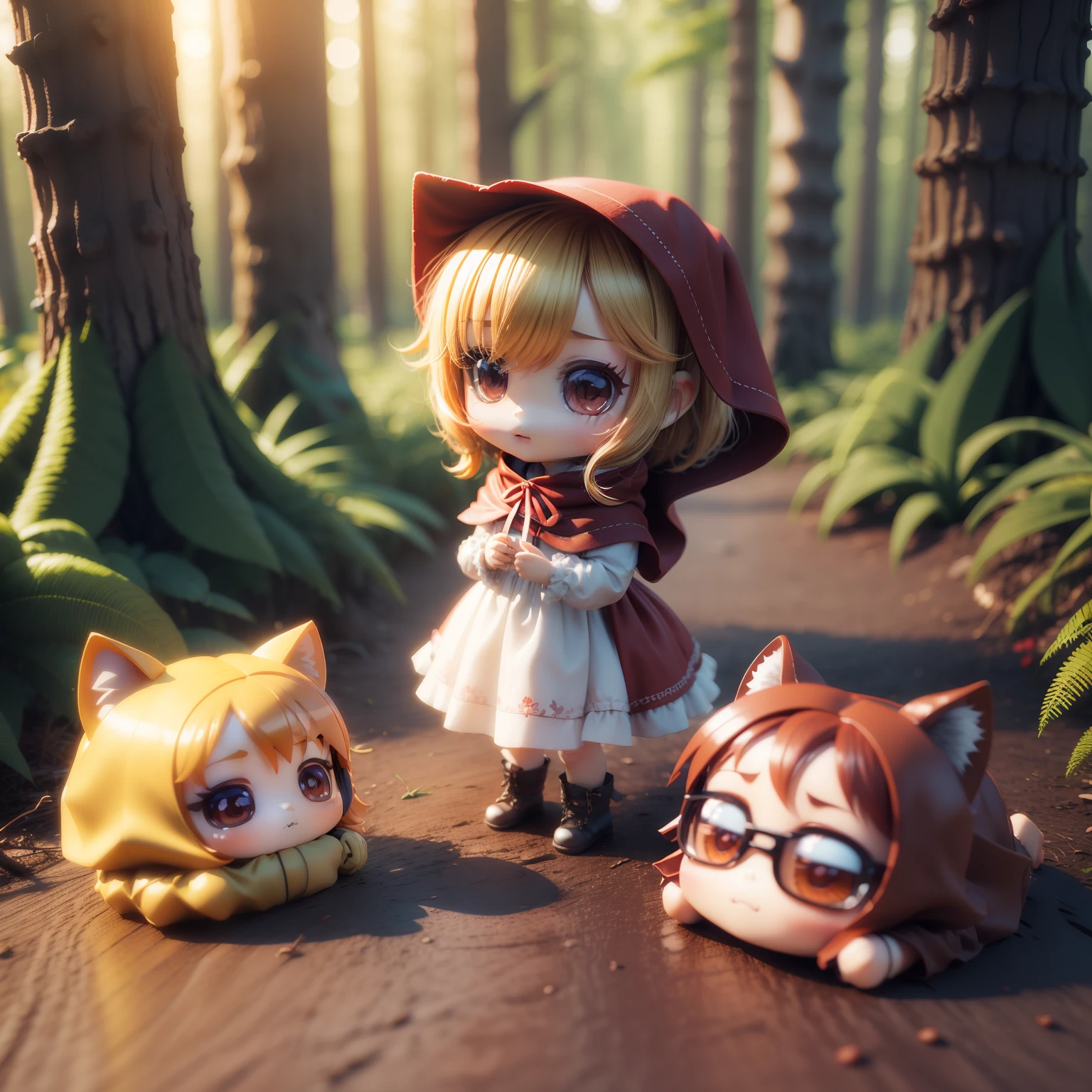(((chibi 3d)))With cute and beautiful little Little Red Riding Hood、In a deep forest with a small gray wolf