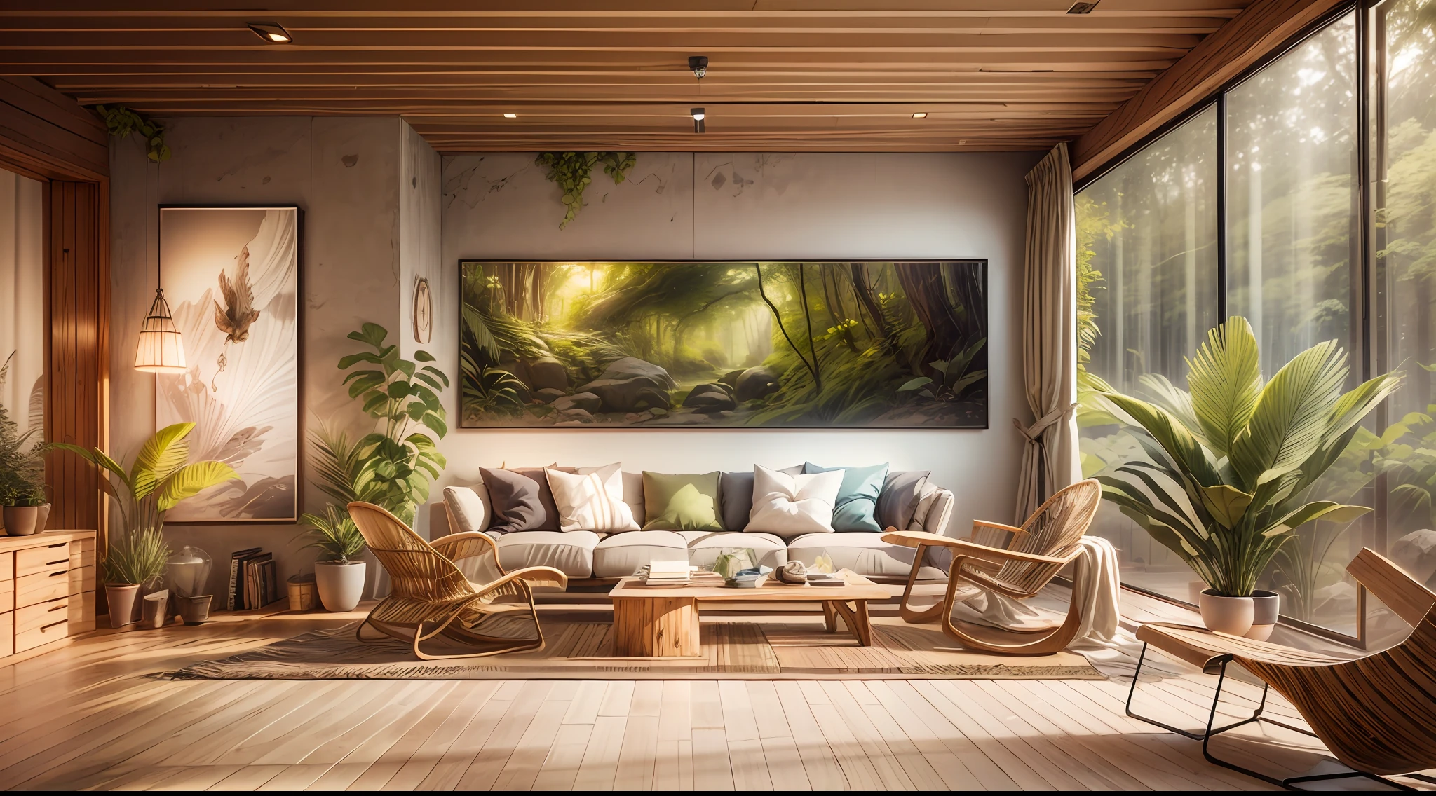Concept 2: Nature-inspired biophilic design Description 2: An airy, sun-filled living room incorporating natural materials like wood, stone, water and plants to create a relaxing indoor oasis. The living walls and flowing organic furniture shapes give the impression of being immersed in nature. The large windows provide views of the outdoors and ample natural light. long shot, highly detailed, 8k resolution, dramatic lighting