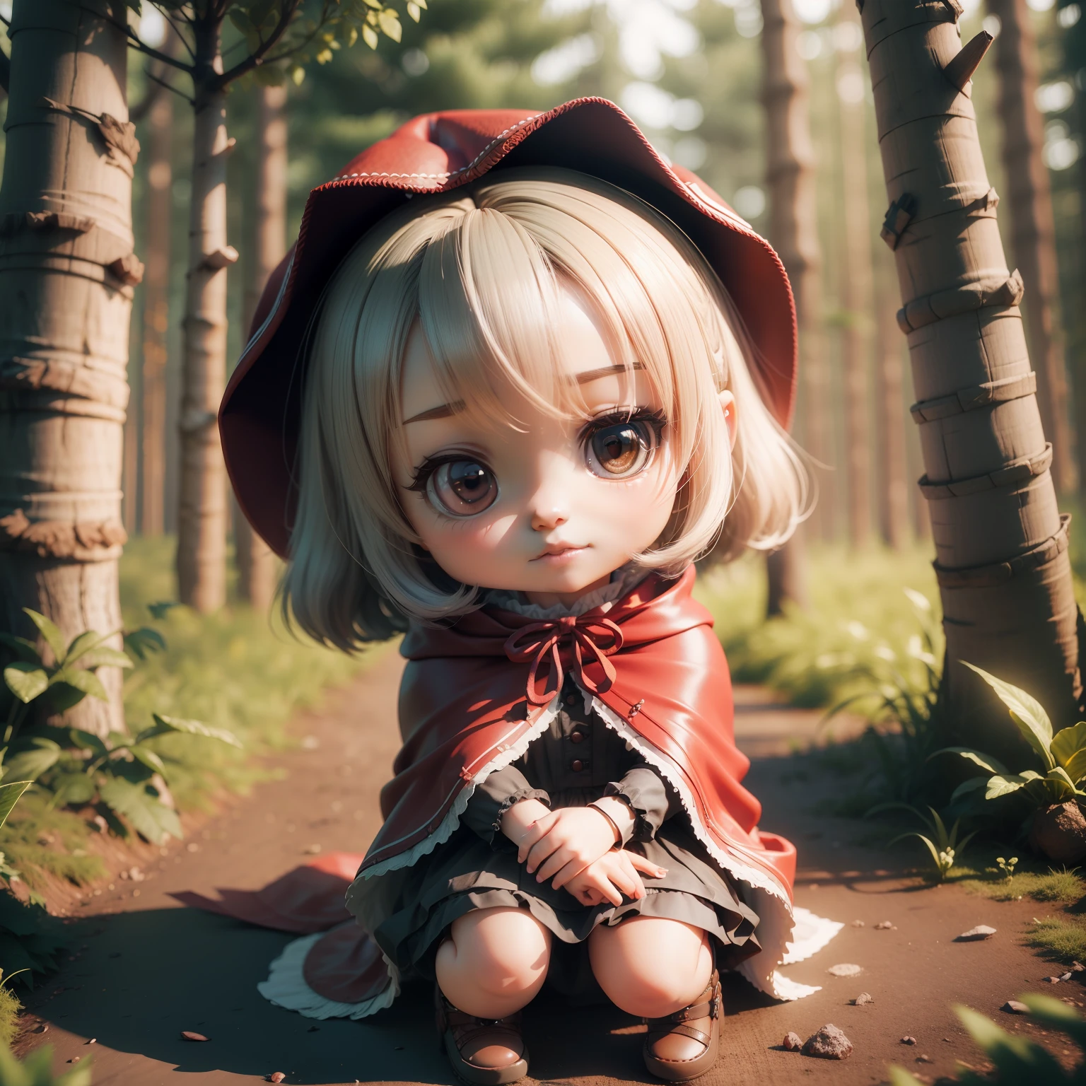 (((chibi 3d)))With cute and beautiful little Little Red Riding Hood、In a deep forest with a small gray wolf