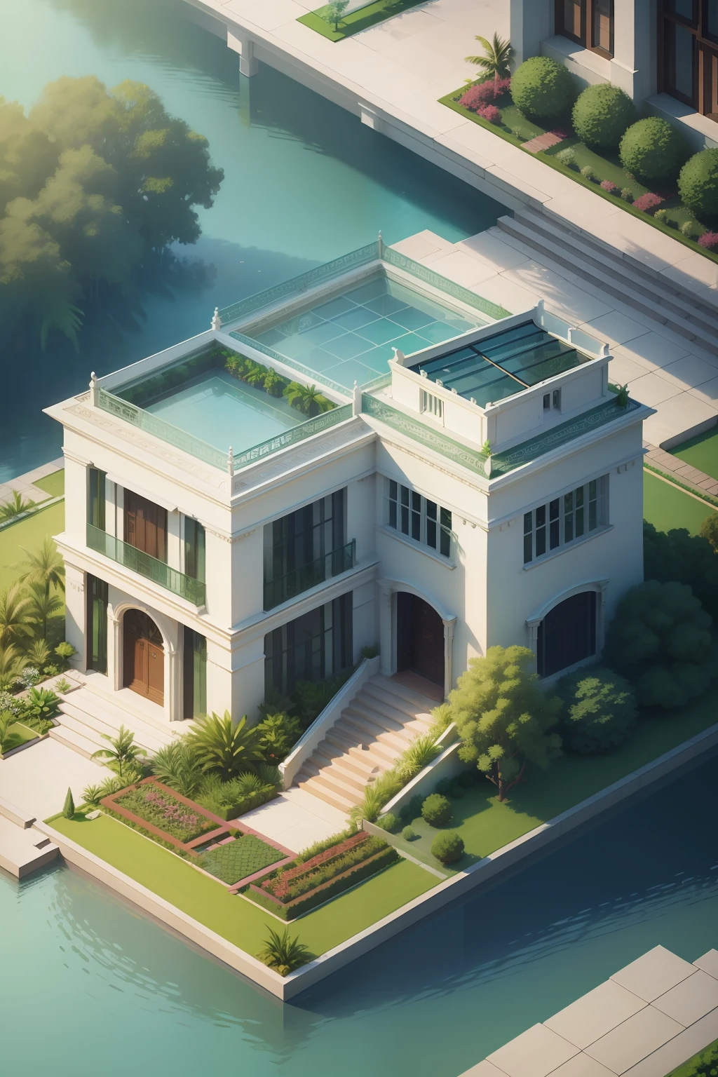 Isometric 1.5,trpical garden,American modern villa,mansion,Well designed,Flat top floor,coconut palms,glass window,Clear structure,Ultra-clear quality,tmasterpiece