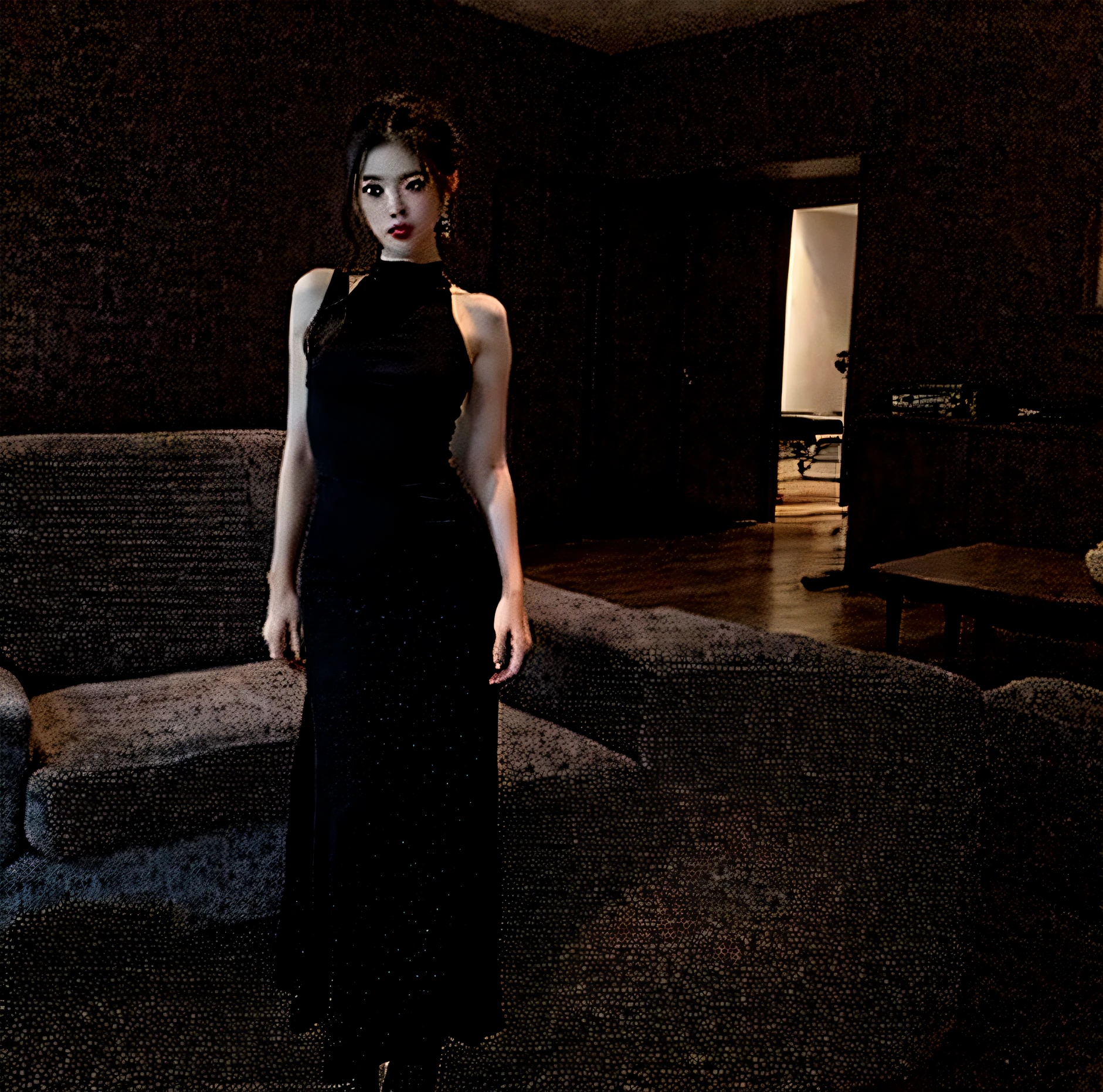 Araki woman in black dress standing in the living room, Long dress, simple dress, dark black long dress, she wears a black dress, Women's long skirt, Elegant dress, Woman in dress, dress, Black dress, light half opened dress, 2 0 2 0 fashion, Wearing a long dress, Wearing a black dress, black, Gorgeous lady