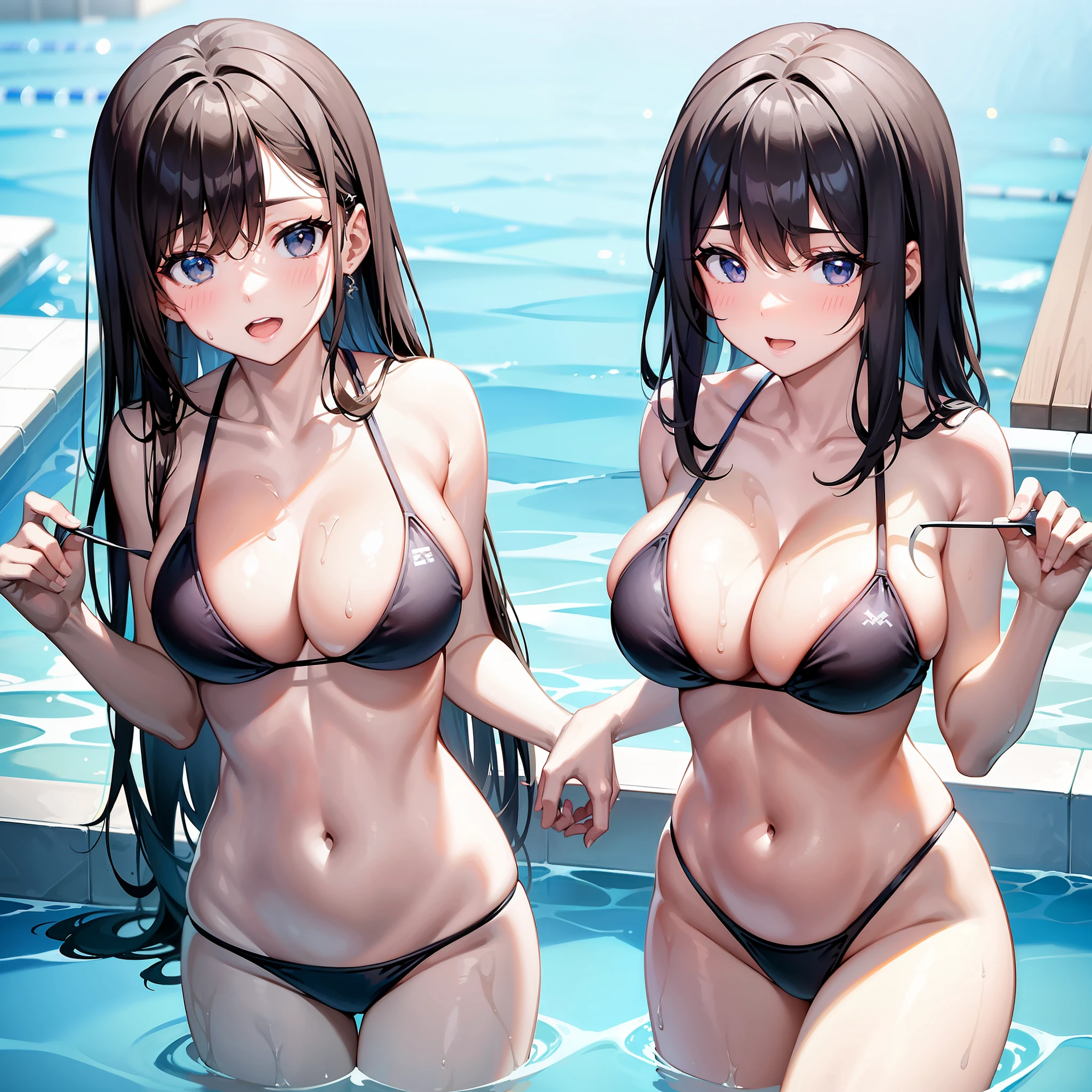 2girls，Childlike big breasts，（nedium breasts:heads=3:1）Bikini swimsuit，Swim in the pool，bit girl，Lori huge breasts cleavage