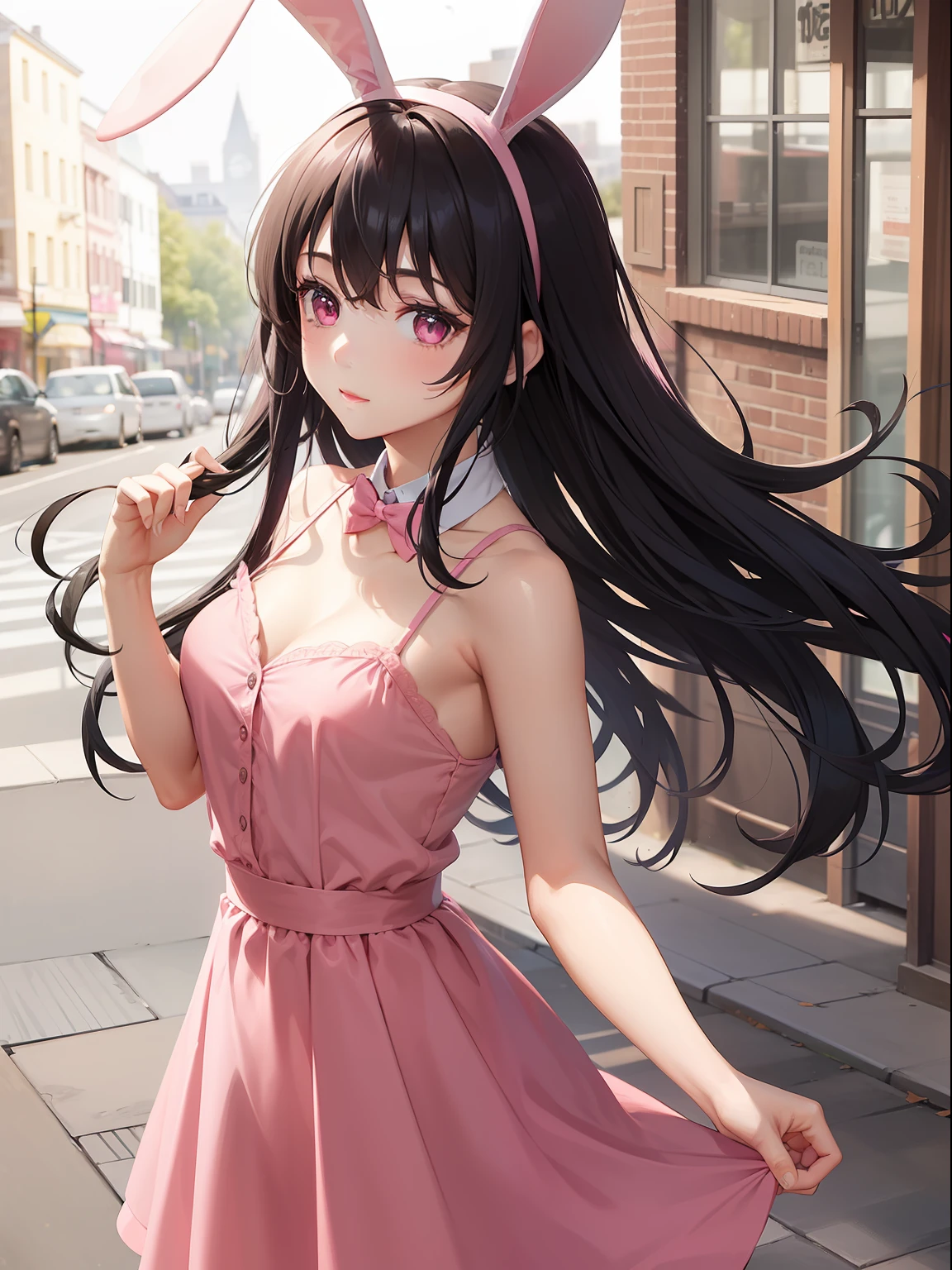 a women, pink bunny ears, black hair, pink eyes, pink dress