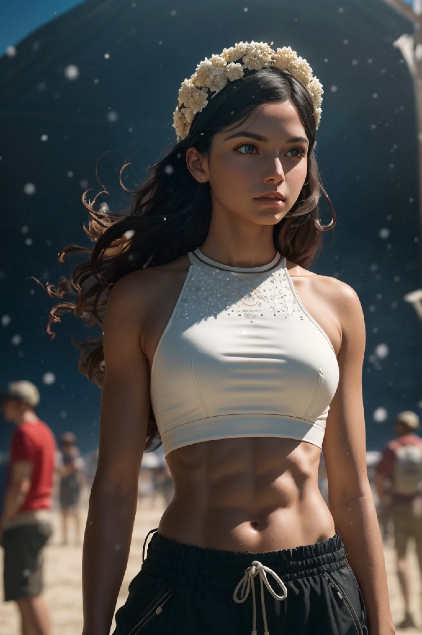 a woman, (art by Janet Delaney:1. 3) , photograph, a skinny, abs, small breasts, wearing long baggy pants:1. 5, tiny crop top:1. 5, at burning man festival, Snowing, split diopter, Ultra Real, Dark, Crowcore, hard light, film grain, Kodak portra 800, Depth of field 100mm, overlapping compositions, blended visuals, trending on artstation, award winning, light from front