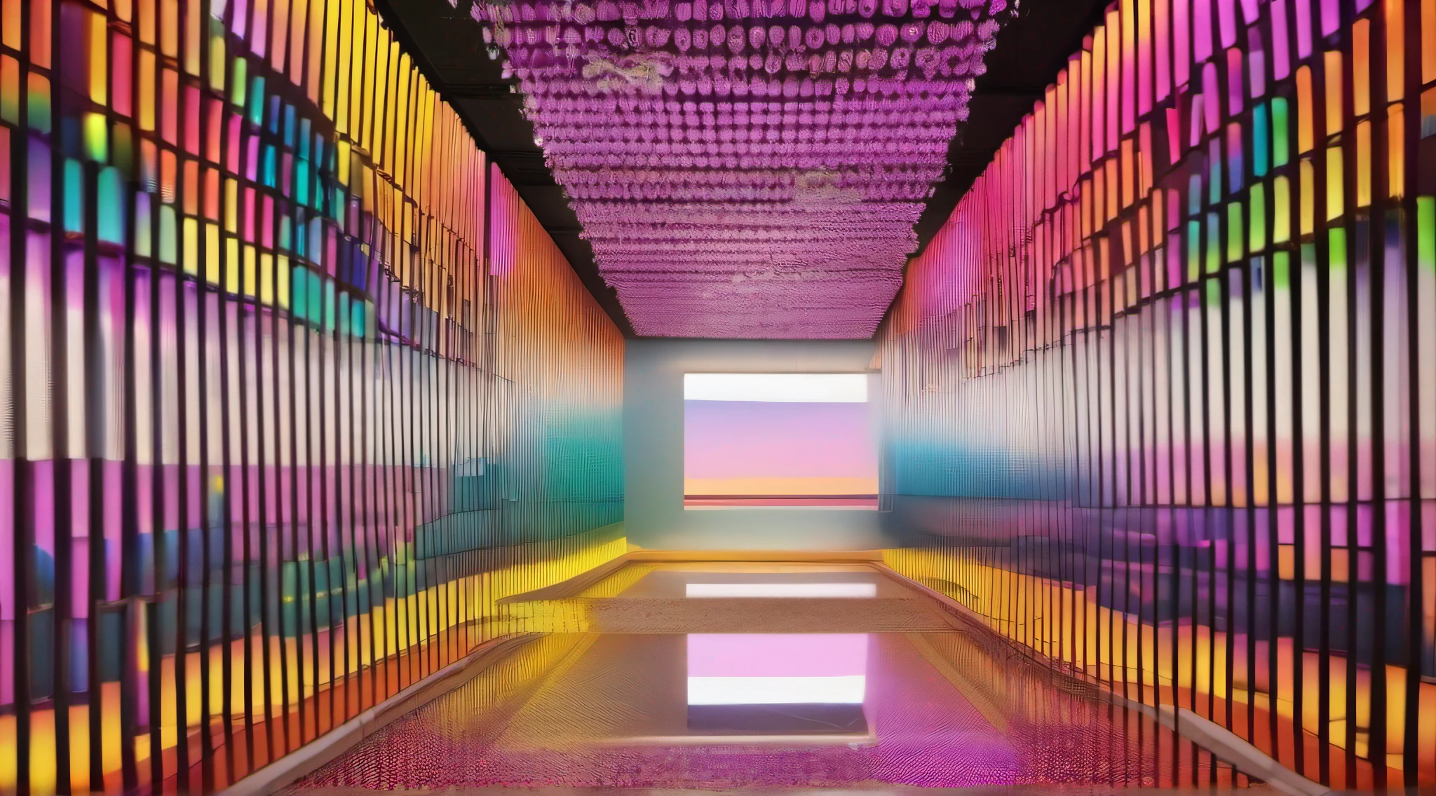 Indoor Canggu space, Small space, 3 meters high,Colorful and bright,Museum of Colors,Immersive, Pigment tube wall,Many arrays of colored pigment tubes on the wall,Colorful,Rainbow, Mary's History Room ,teamlab, 8K,High detail,and -fi, future, LED and digital style,Some LEDs and history display bars on the wall, Mirror, Infinite reflection,concept design,8K, Bright, And clean,