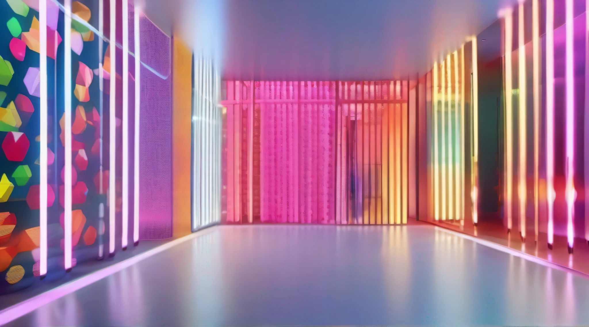 Indoor Canggu space, Small space, 3 meters high,Colorful and bright,Museum of Colors,Immersive, Pigment tube wall,Many arrays of colored pigment tubes on the wall,Colorful,Rainbow, Mary's History Room ,teamlab, 8K,High detail,and -fi, future, LED and digital style,Some LEDs and history display bars on the wall, Mirror, Infinite reflection,concept design,8K, Bright, And clean,