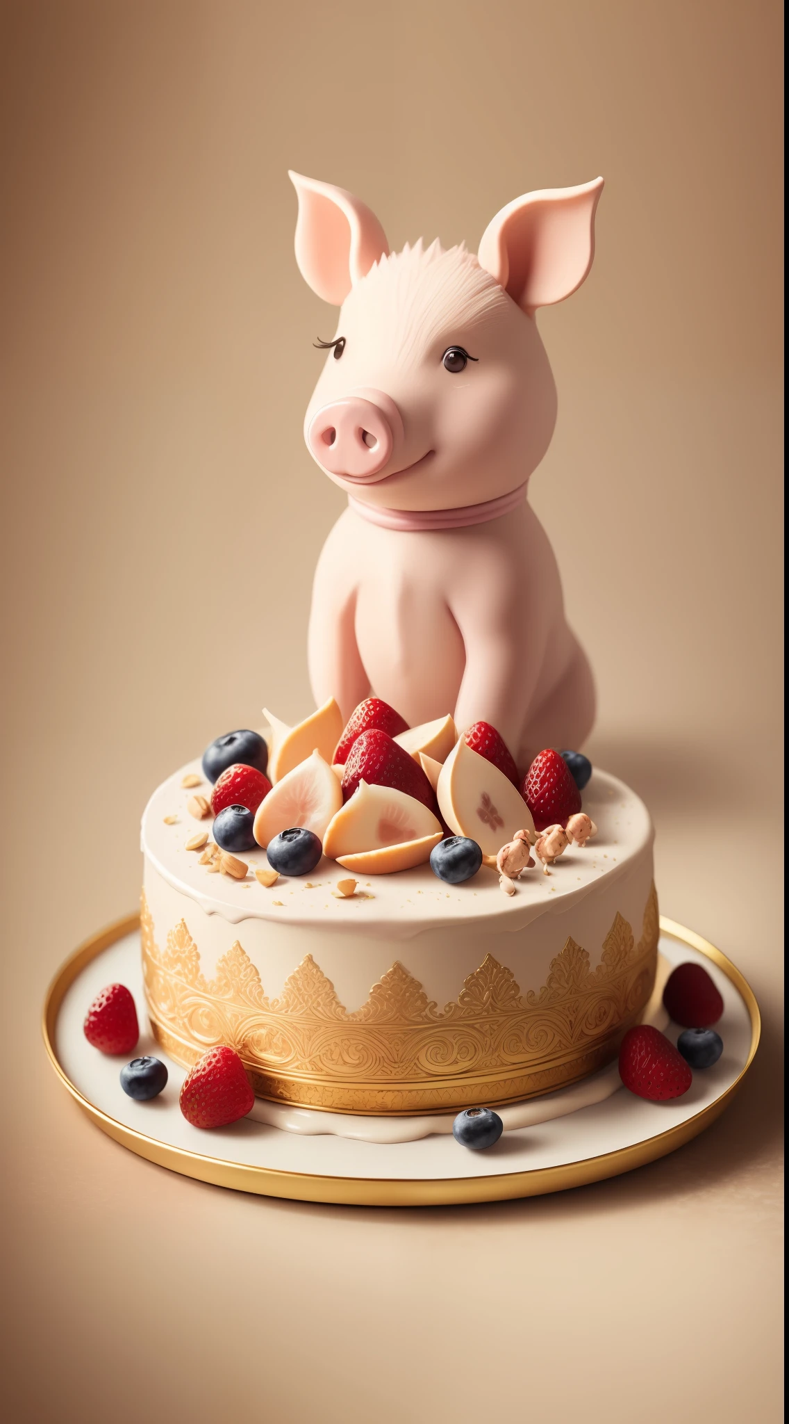 (beste-Qualit), (tmasterpiece), (Detailed:1.4), hyperrealism, culinary masterpiece, dessert: edible delicious creamy piglet cake with nuts and berries. illustration, cartographic, portrait, fantastic color palette, 16k, full-hd, ar, loneliness, cute, soft lighting, hyperrealism, looking at the viewer, complex background, dynamic lighting, lights, digital painting, intricate pose, high detail, cute, filigree, intricate