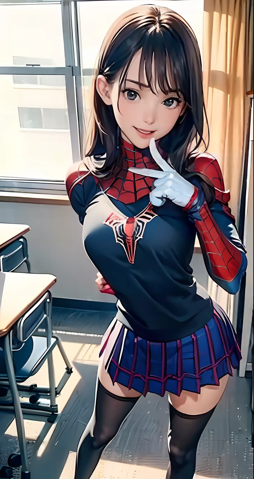 tmasterpiece,best qualtiy,cinematic Film still from,(fully body photo:1.5),1girll,shyexpression,The upper body is dressed in Spider-Man's clothes,mitts,The Spider-Man logo on the chest,Spider-Man cosplay,cabellos largos dorados,Spider cuirass covered,spiderman outfit,Detailed spider silhouette body with Spider-Man roleplay,perfect bodies,On the chest is the obvious Spider-Man logo,The lower body is a JK uniform,Yoga pants for,shorter pants,short skirt,white stockings,standing on your feet,Dynamic shots,No shoes,The barefoot,Jade foot ,Toes,Broken stockings,Torn stockings,at class room,blackboards,Junior high school classrooms,classroom desk,Very long legs,brightly,cheerfulness,intriguing,gentlesoftlighting,