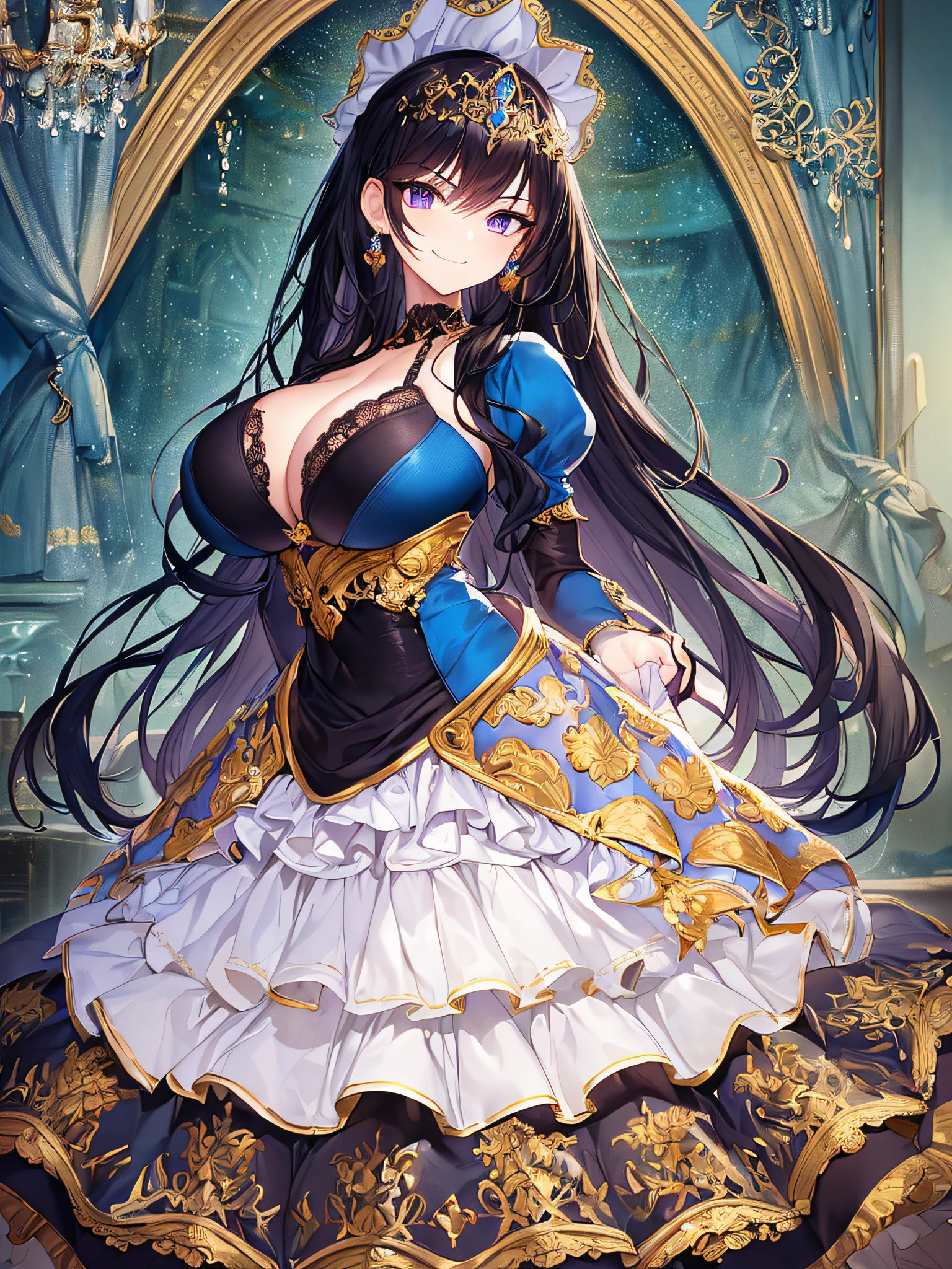 ((anime artstyle)),(Masterpiece),(Best Quality), (Super Detail),((Very Delicate and Beautiful)),((Solo)),((full body)),(((1 arrogant princess in gorgeous and brightly colored gorgeousfull rococo dress))),(Purple eyes),Sharp eyes,detailed face and eyes,jewel-like eyes,(arrogant),((smirk)),((voluminous Very Long Hair,Straight Hair)),black hair,((Bangs between eyes)),((gigantic tits,Long tits)),curvy,skindentation,(gorgeousfull embroidery and lace),gorgeous corsage,See-through,gorgeousfull hair ornament,gorgeousfull glitter jeweled tiara,ornate ruffles,((full body)),((hoop skirt,crinoline)),Dynamic Angle,Looking at viewer,(((gorgeous and brightly colored gorgeousfull rococo dress)),full body