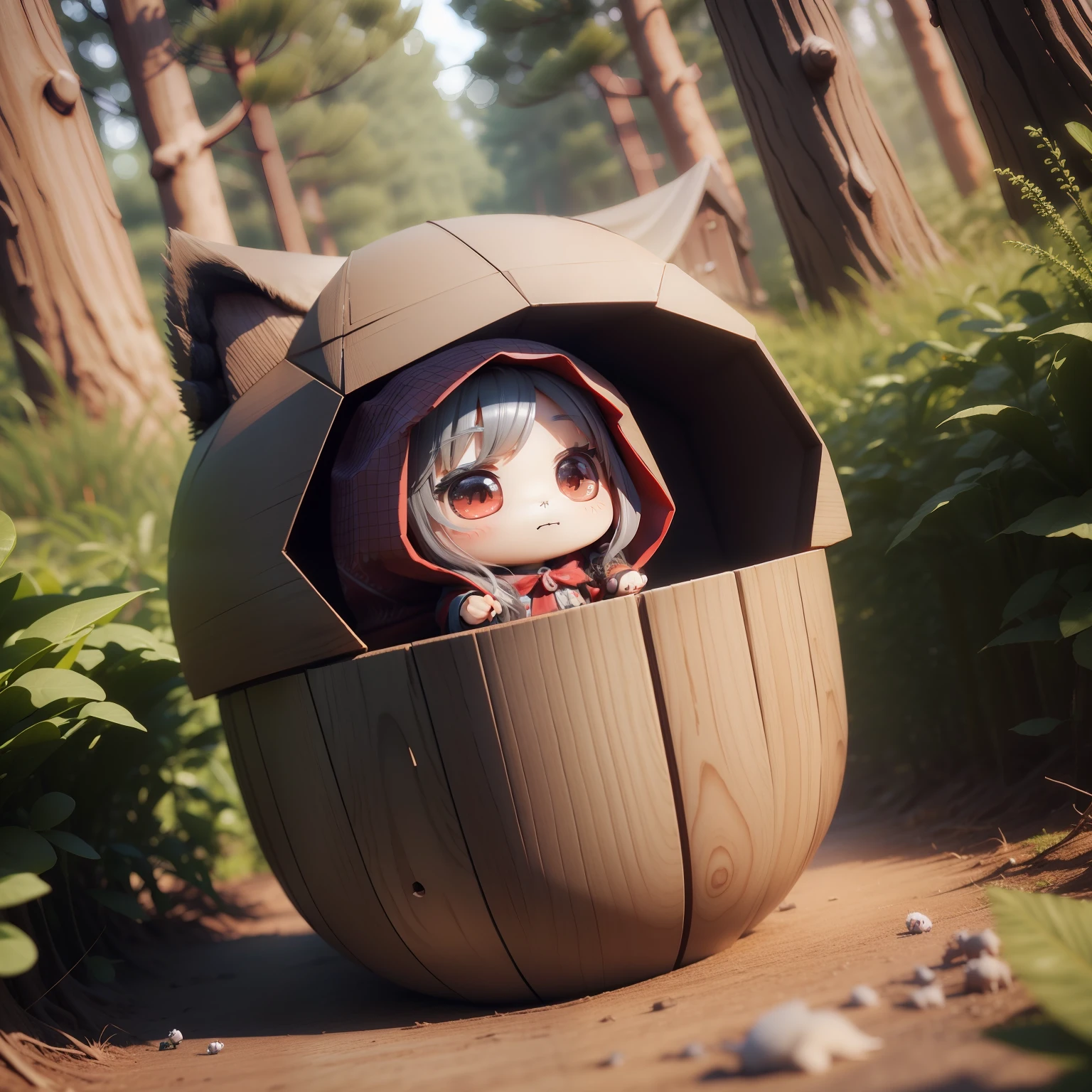 (((Chibi 3D)))There is a cute and beautiful little Little Red Riding Hood。With a small gray wolf。in a deep forest