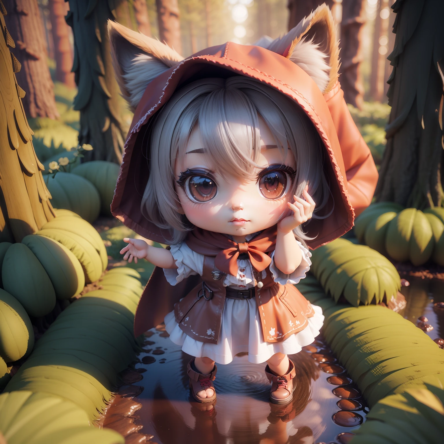(((Chibi 3D)))There is a cute and beautiful little Little Red Riding Hood。With a small gray wolf。in a deep forest
