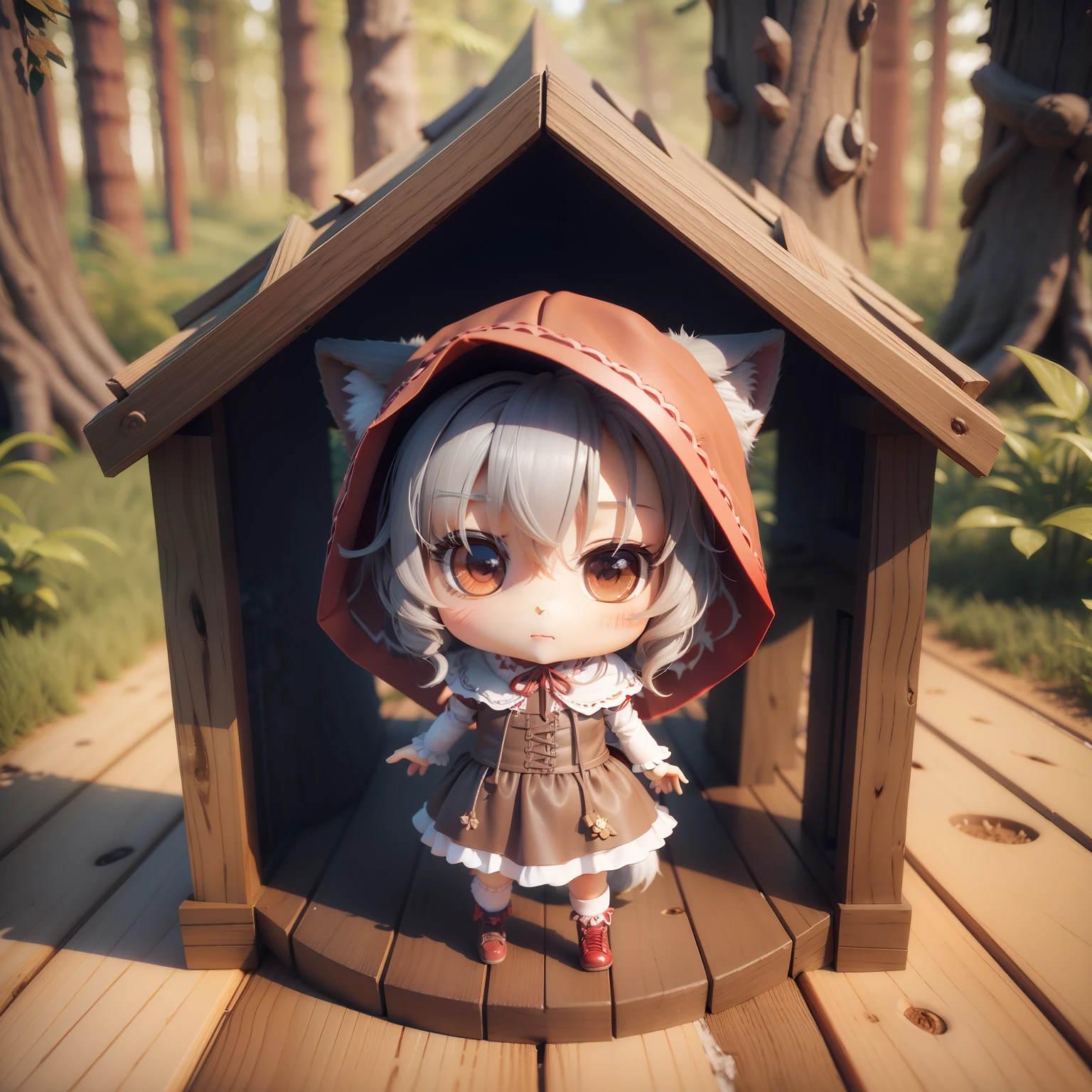 (((Chibi 3D)))There is a cute and beautiful little Little Red Riding Hood。With a small gray wolf。in a deep forest