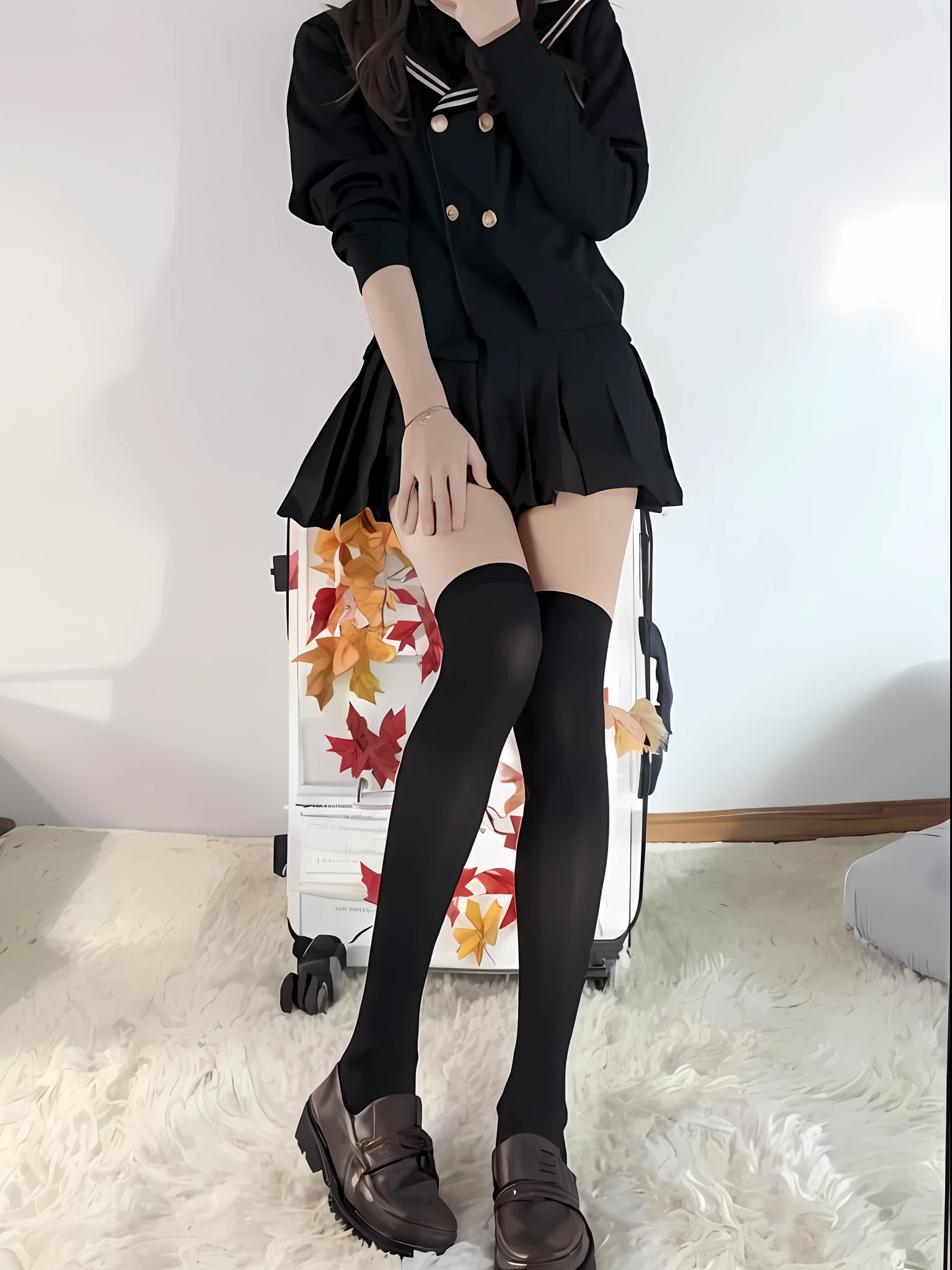 there is a woman that is standing in front of a mirror, thighs high socks, thighhighs and skirt, knee high socks, wearing skirt and high socks, over knee socks, thigh highs, Velvet stockings, wearing kneesocks, very beautiful long slim legs, pantyhose tights, nylon tights, , Long thin legs, short  skirt