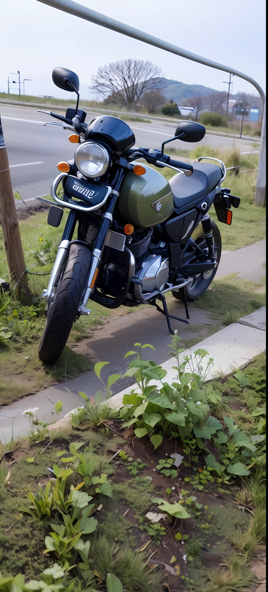 there is a motorcycle parked on the side of the road, (high detailed skin:1.3), (photorealistic:1.3), ultra-detailed, (high detailed skin:1.2), 8k uhd, dslr, soft lighting, high quality, film grain, Fujifilm XT3, best quality, beautiful lighting