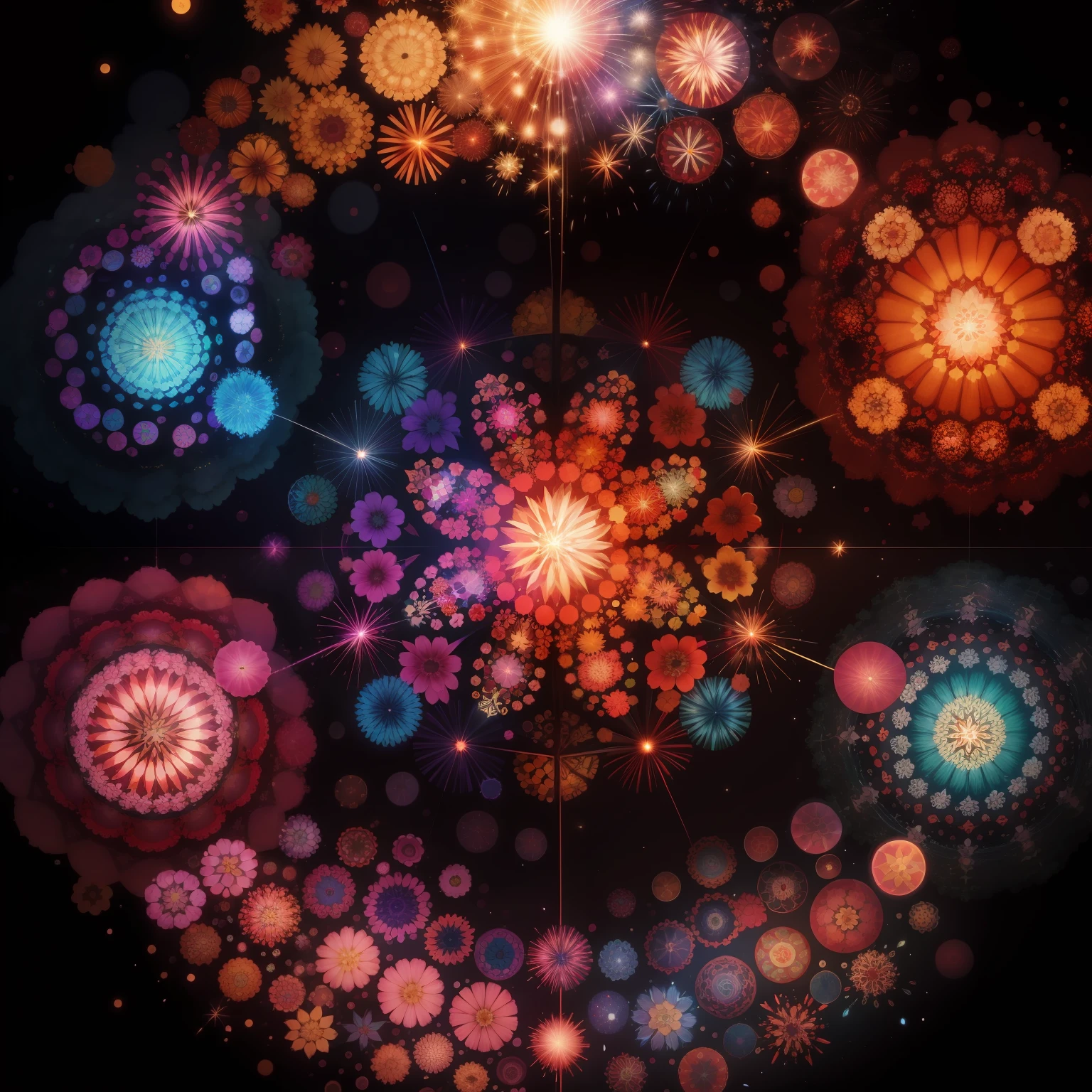 Fireworks kaleidoscope,The sky is cloudless,It's like being covered by a curtain,paint black,Brilliant fireworks,Bloom in the air,Colorful colors,Like a reflection on a kaleidoscope of water,Axis symmetry,Fibonacci spiral,Perfect light and shadow