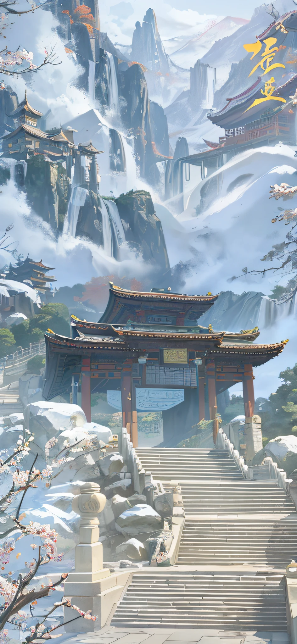 Martial arts scenes，Valley streams，Taoist Temple Mountain Gate，Chinese-style scene，photorealestic，The clouds and mountains are foggy，ladder，the woods，waterfallr，Pavilions，Ancient scenes，Chinese-style architecture