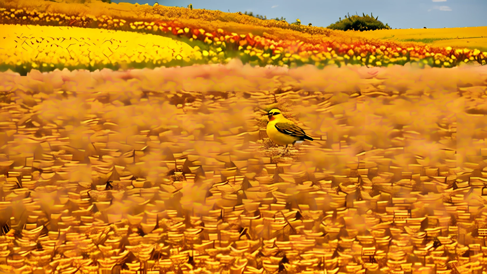 (obra prima) (altamente detalhado) There are many birds that are chirping in a grassy field with some tulips planted, The birds are all over the ground, bandos de aves!!, Belgian canaries with thrushes, Foto reduzida, 4 0 9 6, infestado de breu verde, an old man with 7 yellow birds, foto de alta qualidade, barriga fofa laranja, com flores amarelas ao redor, prolongado, 8k