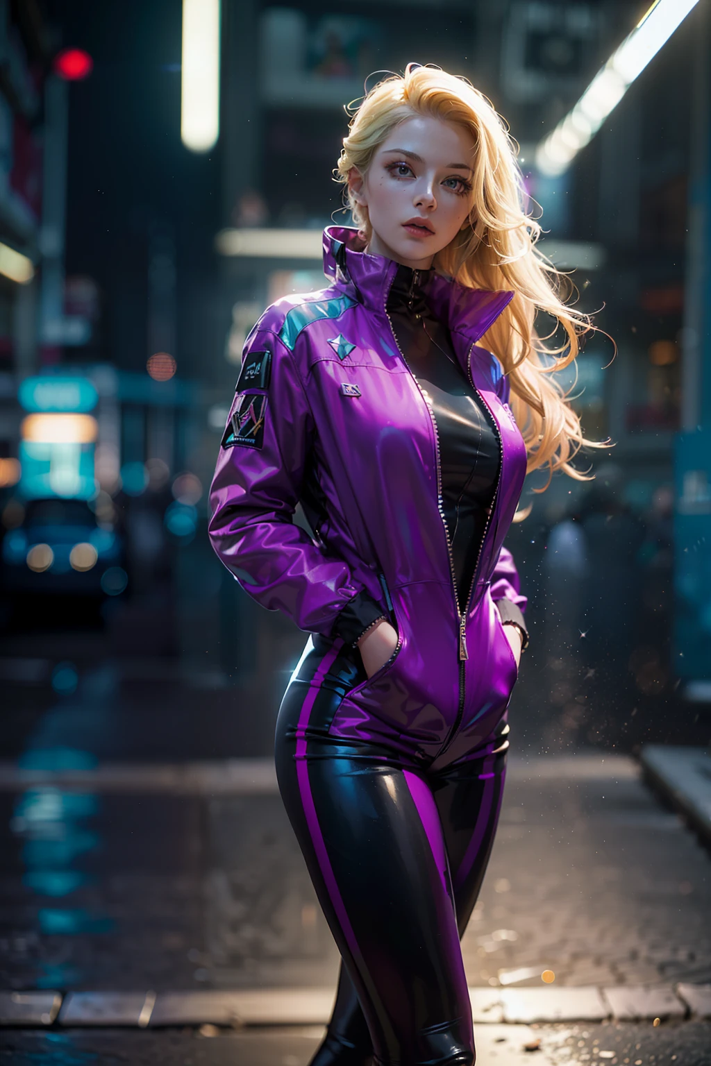 (
(Character: one escapist woman, russian traits, long wave hair, blonde hair, lean body)
(Clothing: purple jacket, futuristic jumpsuit)
(Pose: full body shot:1.7, dynamic pose)
(blurry, intense urban lights in background)
(Style: ((masterpiece:1.5)), (face detailed), photo-realistic:1.3, hyperrealistic, foggy, high contrast, shiny skin, soft lighting, backlighting, bloom, light sparkles, chromatic aberration)