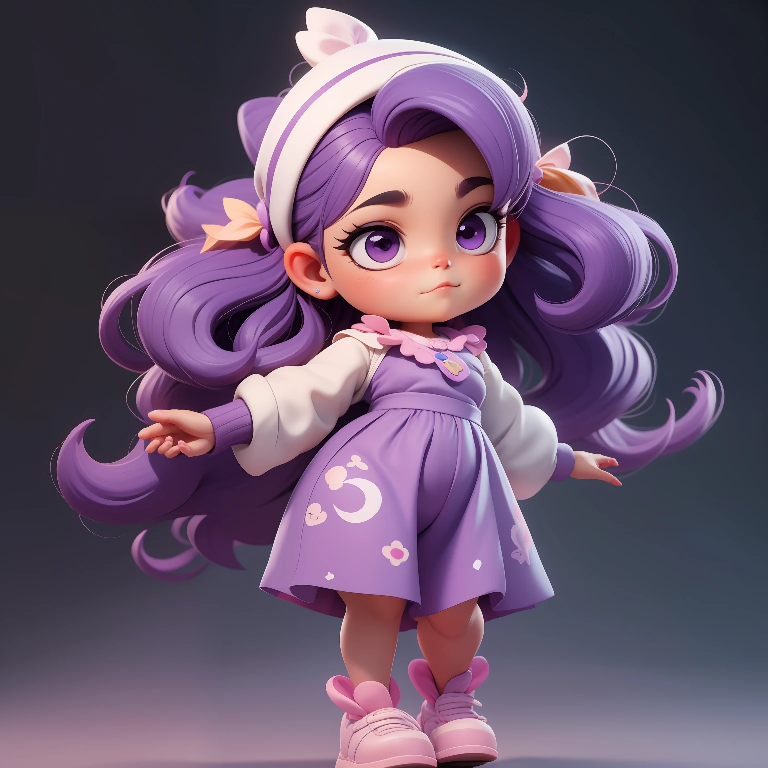 uma garota super bonito, corpo inteiro, Cute Dark Purple Hair Accessories DreamerPopmart Blind Box, design IP, clean background and bright 3D rendering, OC rendering, 8k, foco suave, fino Glossysuper detalhe --ar 3:6 50 --q 2 --niji 5 --estilo expressivo --s 2