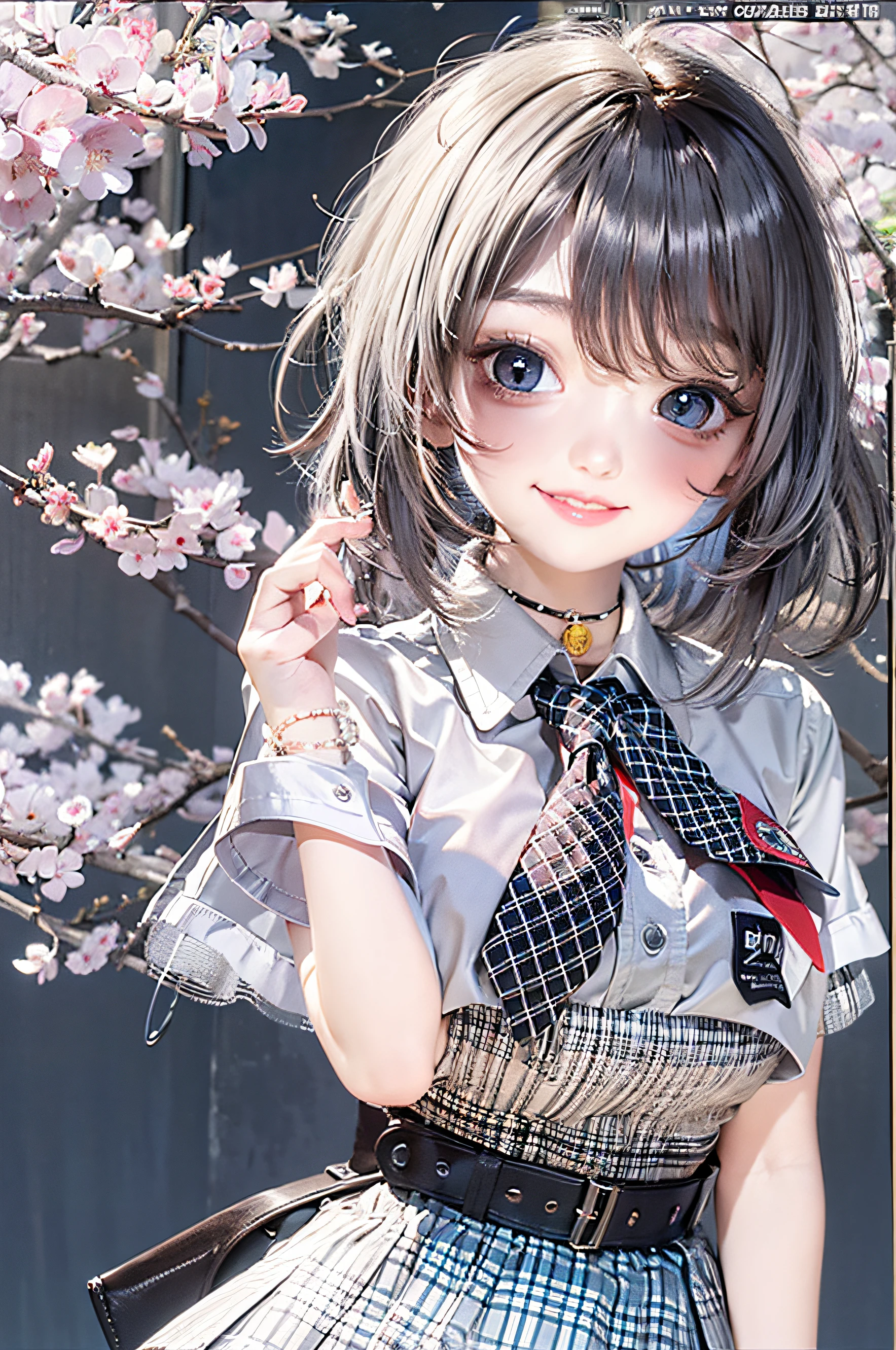 masterpiece, best quality, full body, 1girl, bangs, black choker, black necktie, black hair, blue skirt, blush, bracelet, breasts, choker, clothes around waist, collarbone, collared shirt, cowboy shot, dress shirt, ear piercing, eyebrows visible through hair, gradient hair, grin, gyaru, jewelry, kogal, long hair, looking at viewer, loose necktie, necktie, piercing, plaid, plaid skirt, pleated skirt, red eyes, ring, school uniform, shirt, skirt, smile, solo, white shirt, street, sky, cherry blossoms, petals,illustration, (magazine:1.3), (cover-style:1.3), fashionable, woman, vibrant, outfit, posing, front, colorful, dynamic, background, elements, confident, expression, holding, statement, accessory, majestic, coiled, around, touch, scene, text, cover, bold, attention-grabbing, title, stylish, font, catchy, headline, larger, striking, modern, trendy, focus, fashion,