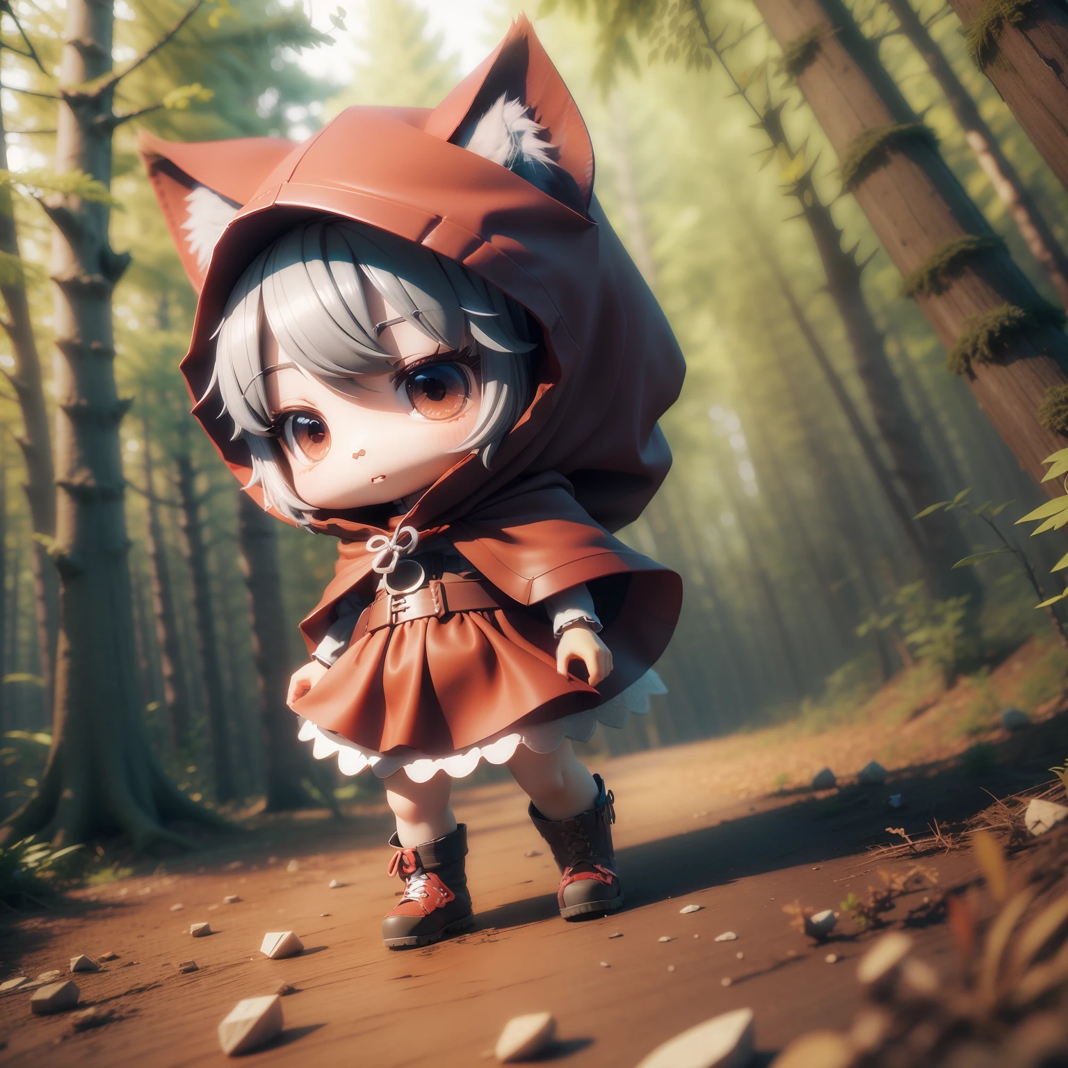 33
(((Chibi 3D)))There is a cute and beautiful little Little Red Riding Hood。There is a small gray husky dog。in a deep forest