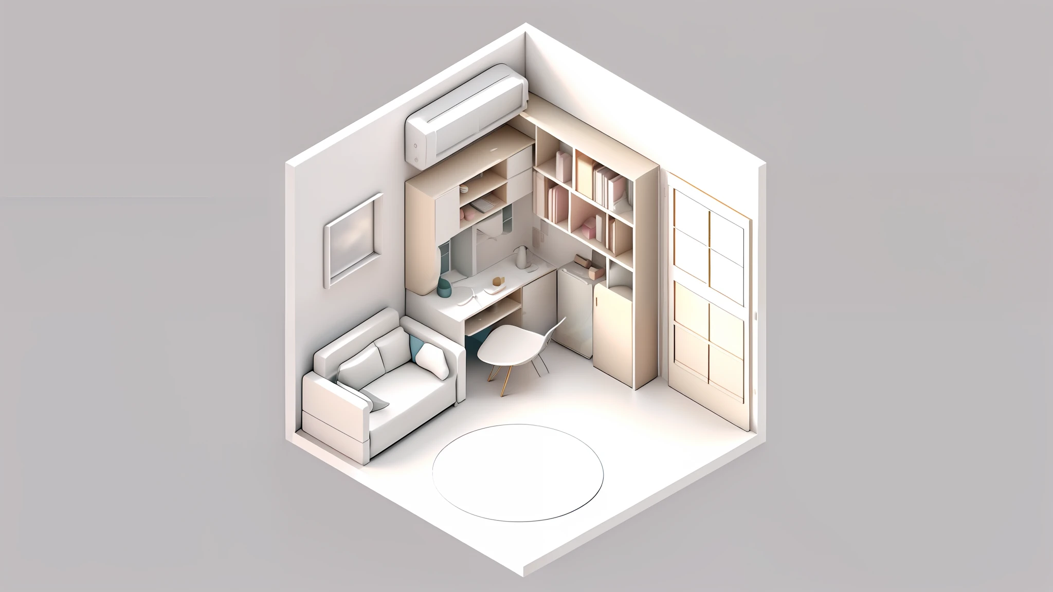 Small and warm close-up of the interior of the dollhouse, there are many beds and desks, 3D fantasy rendering is vivid and cute, vibrant warm living room, Atey Ghailan style isometric illustration leisurely, Atey Ghailan 8K ultra-clear picture, warm color scheme gives artistic interpretation, perfect isometric house with warm theme.