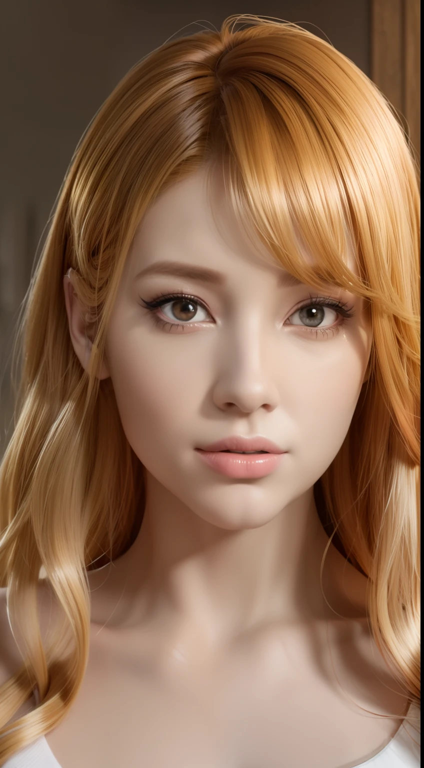 Arad image of a woman with long red and yellow hair and a white shirt, Realistic frontal face and body mix, Character creator, 3d character realistic, Face with realistic beauty, hyperrealistic face, accurate ultra realistic faces, human realistic face, ultra realistic faces, Beautiful realistic face, Rendu portrait 8k, Realistic digital art 4 K, Realistic digital art 4K