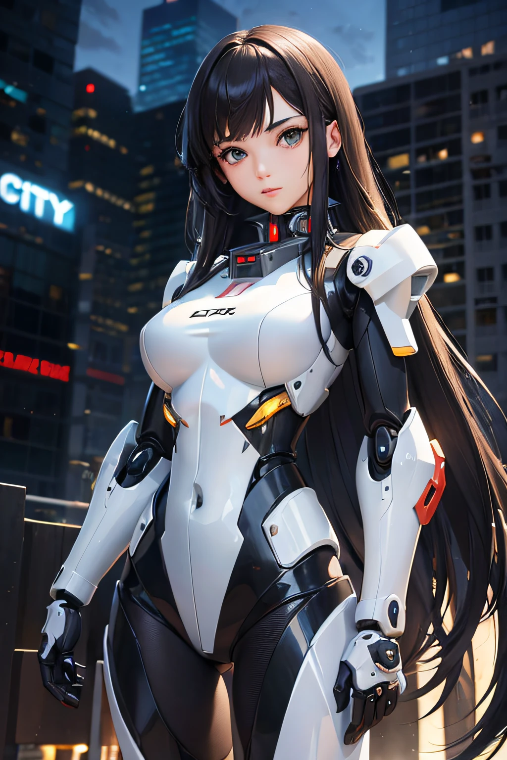 1girl,masterpiece,best quality,Ultra-high resolution,Realistic,(Wearing a mecha:1.2),(mechanical joint:1.4),sense of reality,(city:1.5),The ultimate detail,8K wallpaper,Professional lighting,The perfect hand,Realistic hands,solo,standing,(full body:0.5),(long black hair:1.1),dynamic posture,Universe,Earth,(machinery:1.3),(Heela collections:0.8),(Mecha girl sexaroid:1.2),Real,(pretty face:1.1),(complete face:1.1),mechanical clothing,black clothing:1.1