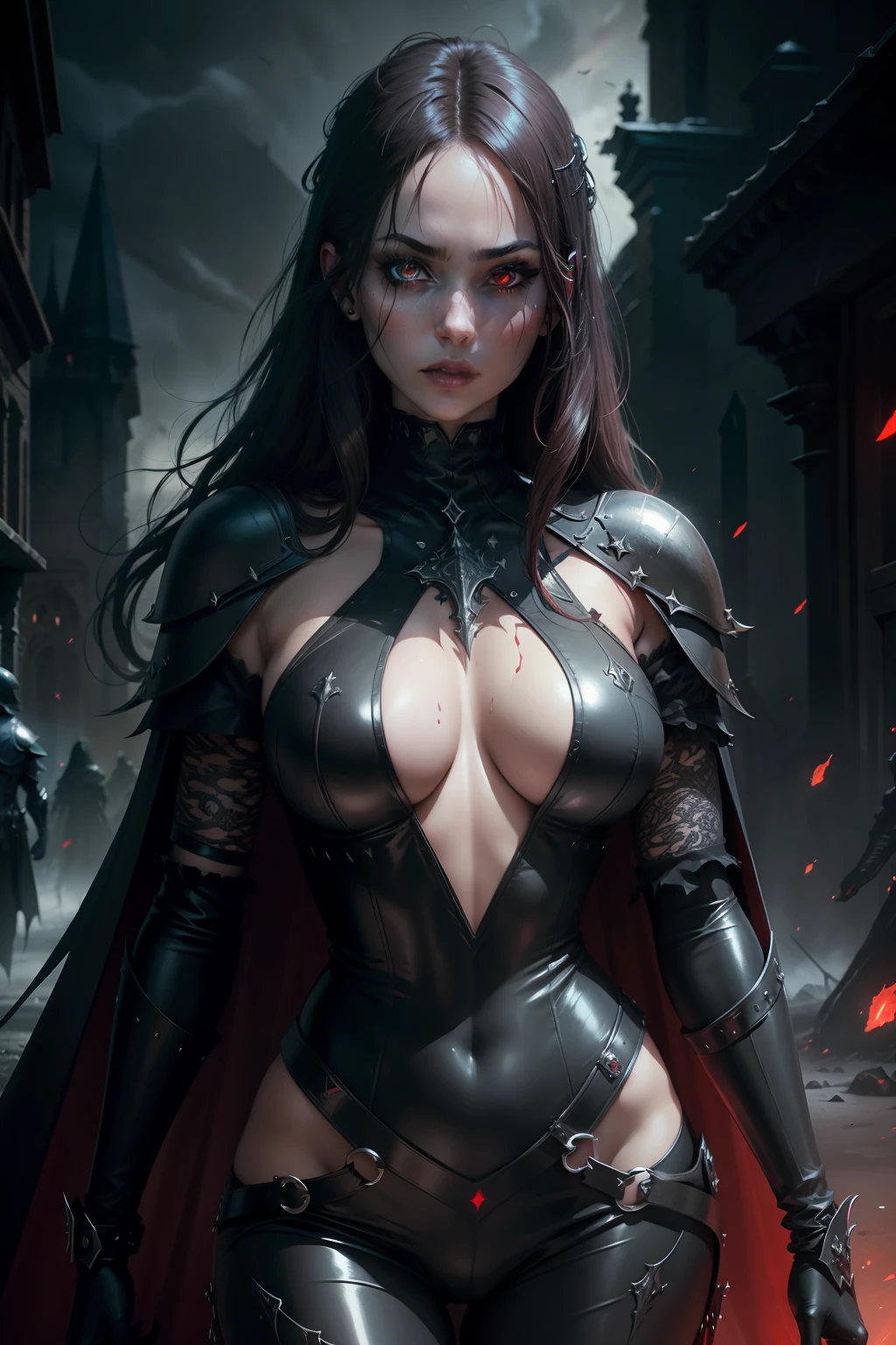 Gothic woman in a sexy armor bodysuit, red glowing eyes, dripping make up, brunette, gothic, photorealistic, ultra detailed, trending on Artstation, ominous background, dark atmosphere, sacred.