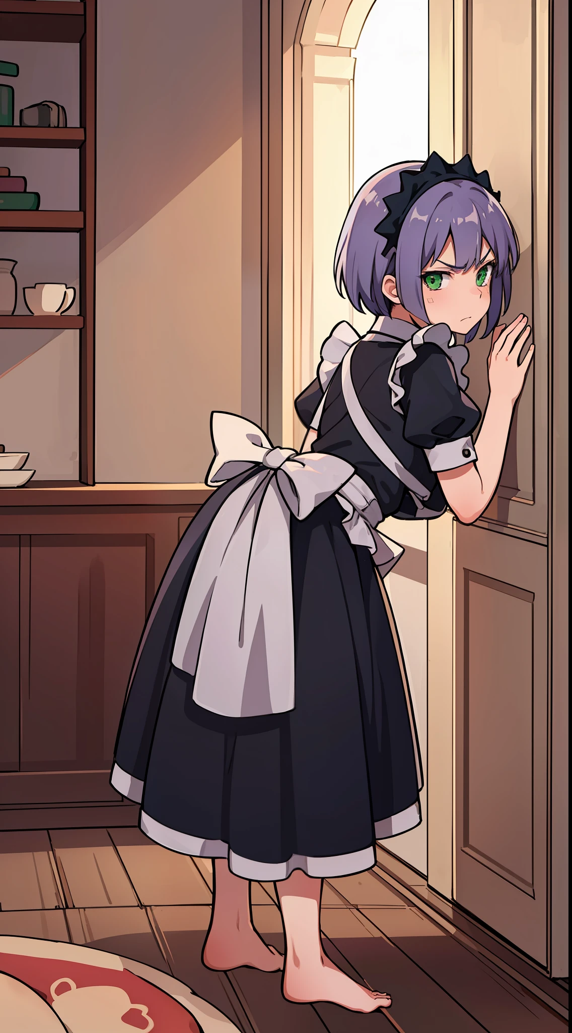 hiquality, tmasterpiece (One  girl, housemaid) cute face, Frowning, indifferent face, light purple smooth short hair. Green eyes, maid outfit, bare feet. In the background of the room. gloomily.