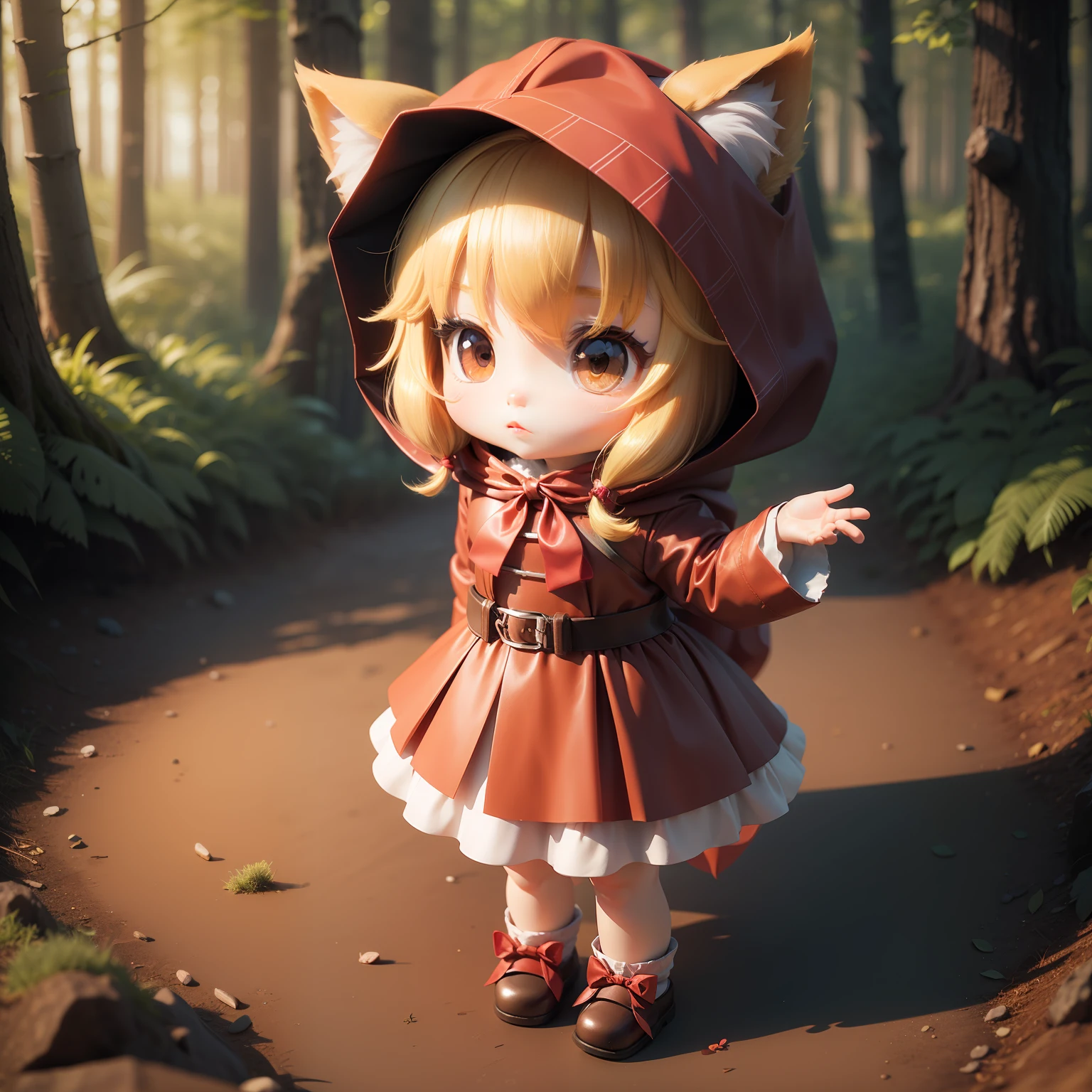 Chibi 3D)))灰色の狼🐺がいる。There is a cute and beautiful little Little Red Riding Hood。Lined up in a deep forest。