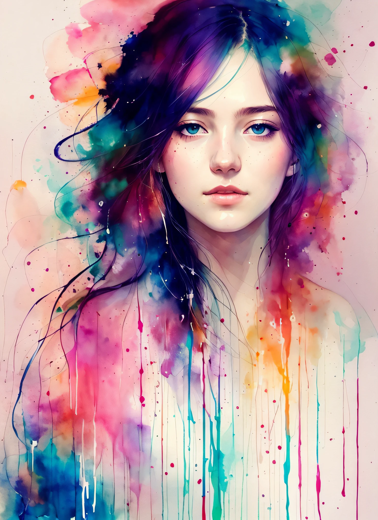 a painting by mse a woman by agnes cecile, luminous design, pastel colours, ink drips, autumn lights