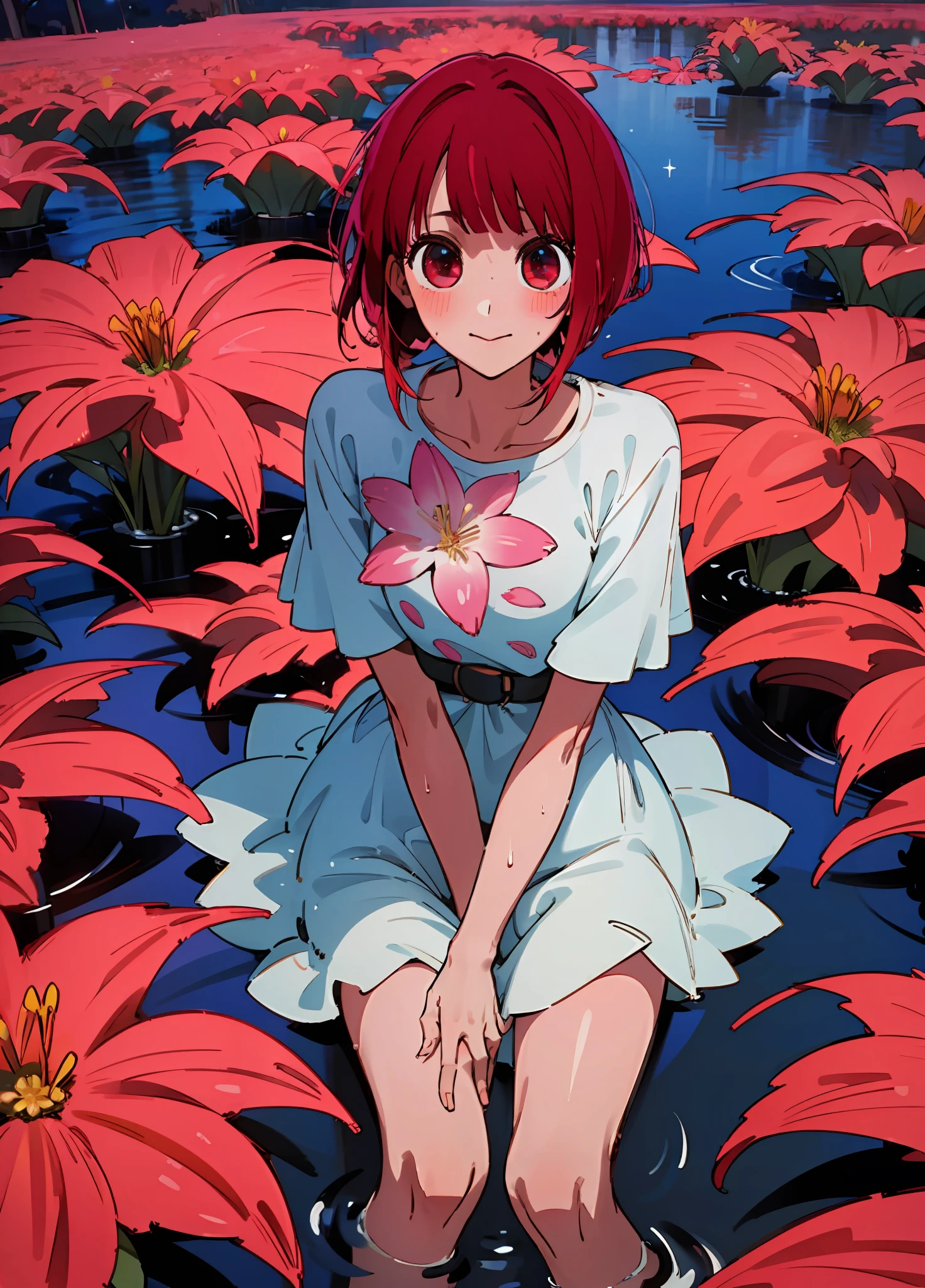 "a girl, Arima Kana, with red hair, sitting in a puddle, during the night with shining stars, surrounded by a colorful flower field, glowing with vibrant blooms, immersed in wet foliage."